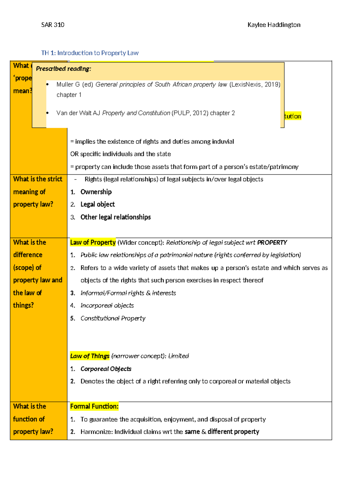 Study Notes - TH 1: Introduction to Property Law What does ‘property ...