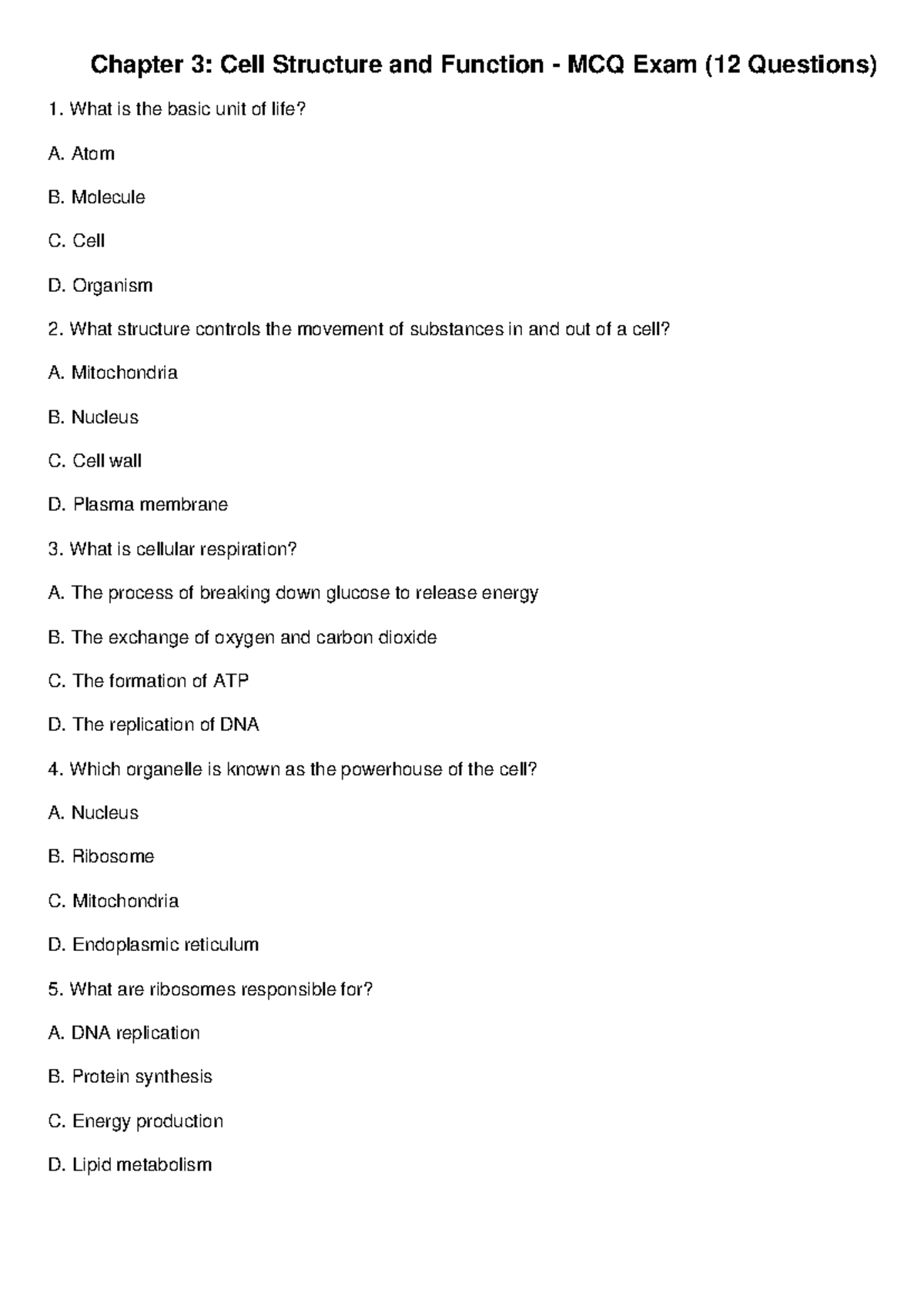 Chapter 3 cell structure mcq - Chapter 3: Cell Structure and Function ...