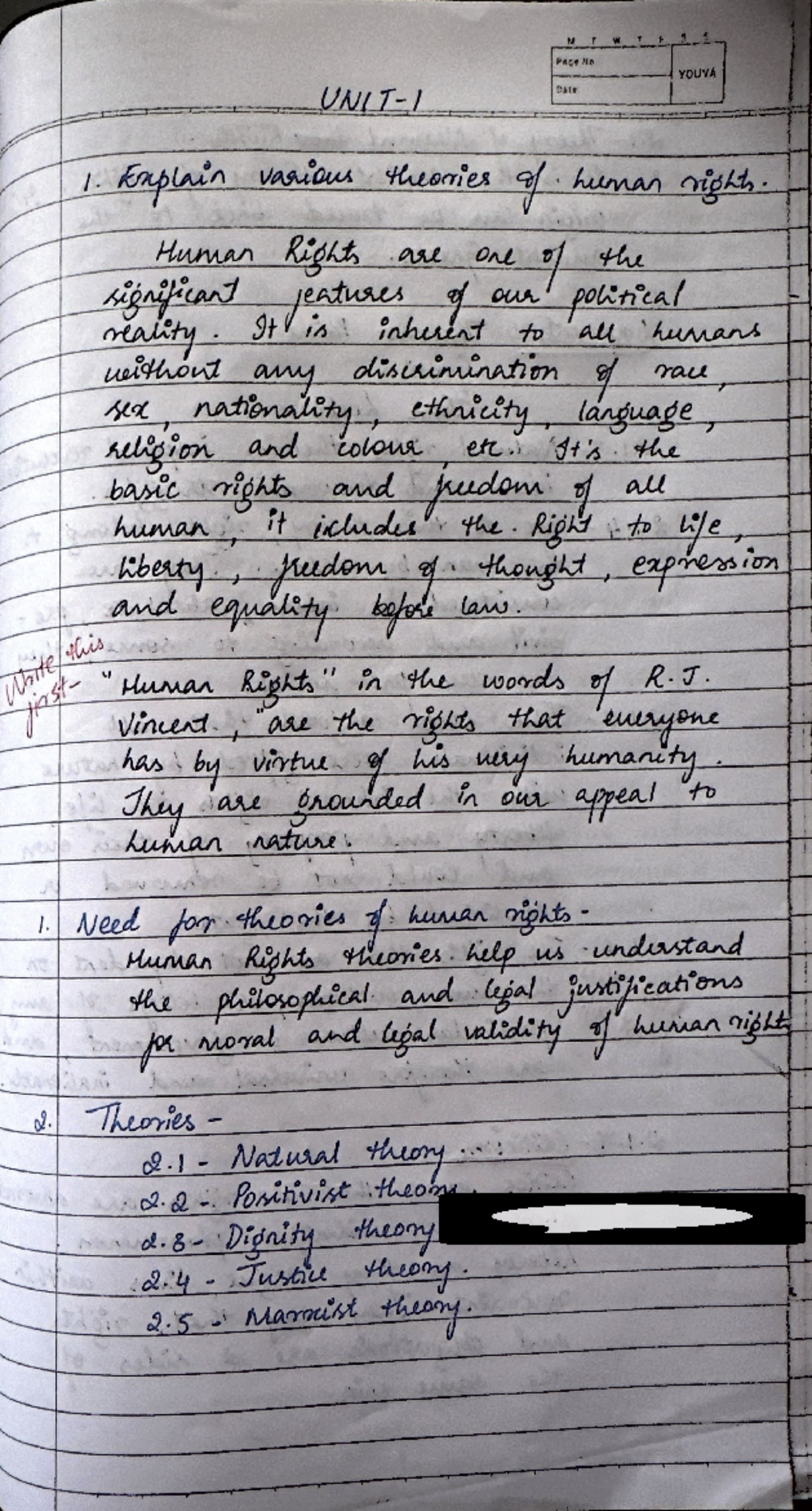 Human Rights law notes - W t 3 S Page NO YOUVA Date 1. Explain various ...
