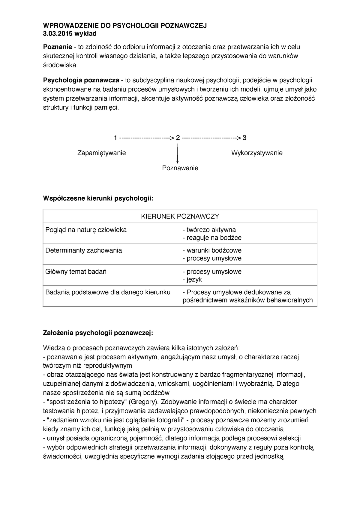 PSYCHOLOGIA POZNAWCZA WYKŁAD 1 - 3.03 Wykład Poznanie - To Zdolność Do ...