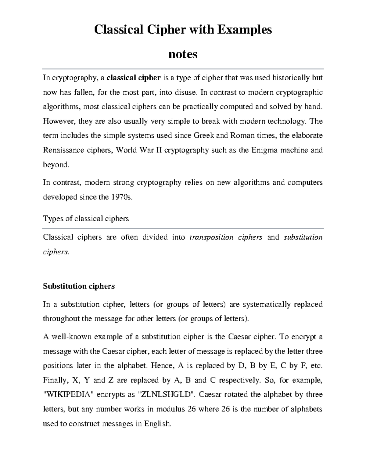 Classical Cipher with Examples - Classical Cipher with Examples notes ...