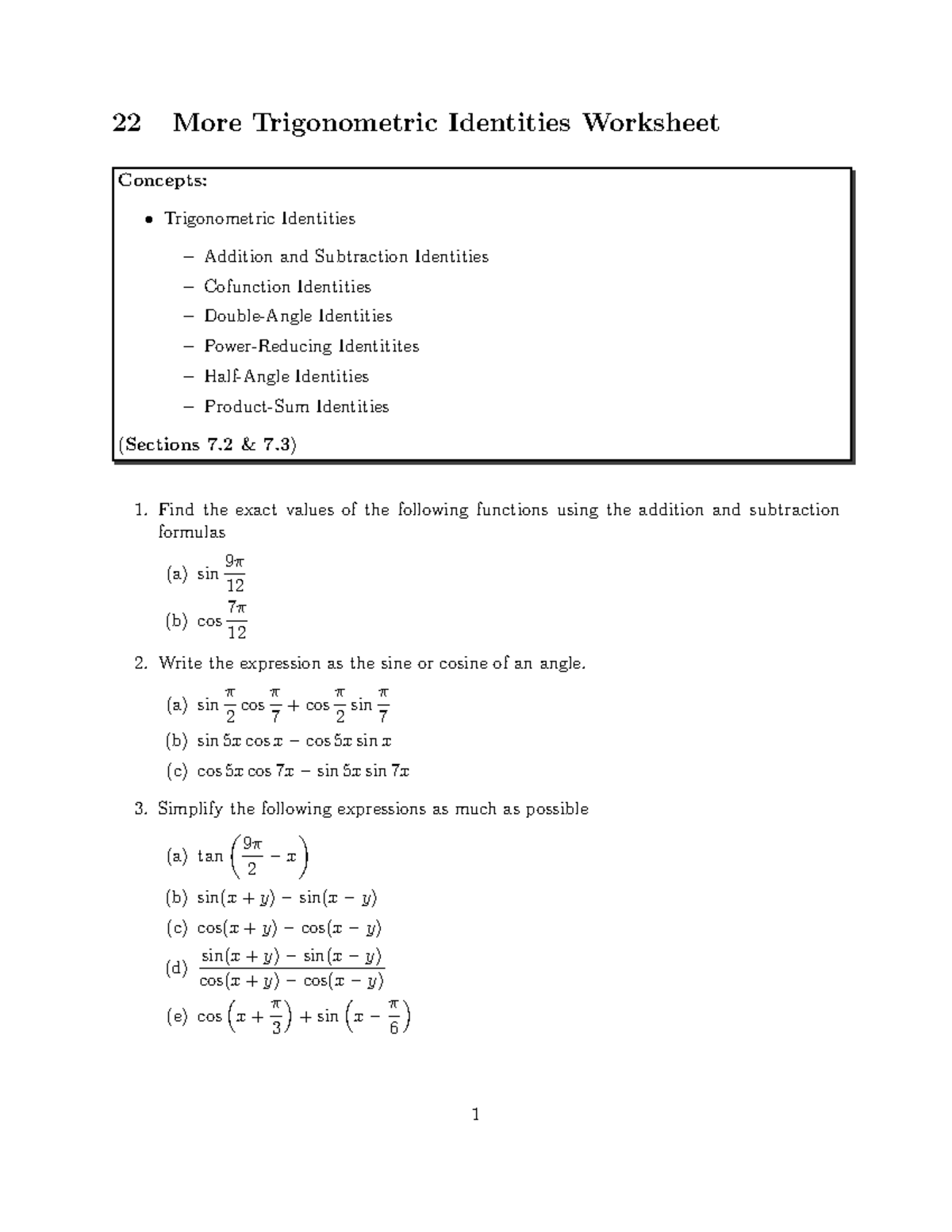 Wksht 22 - practice - 22 More Trigonometric Identities Worksheet ...