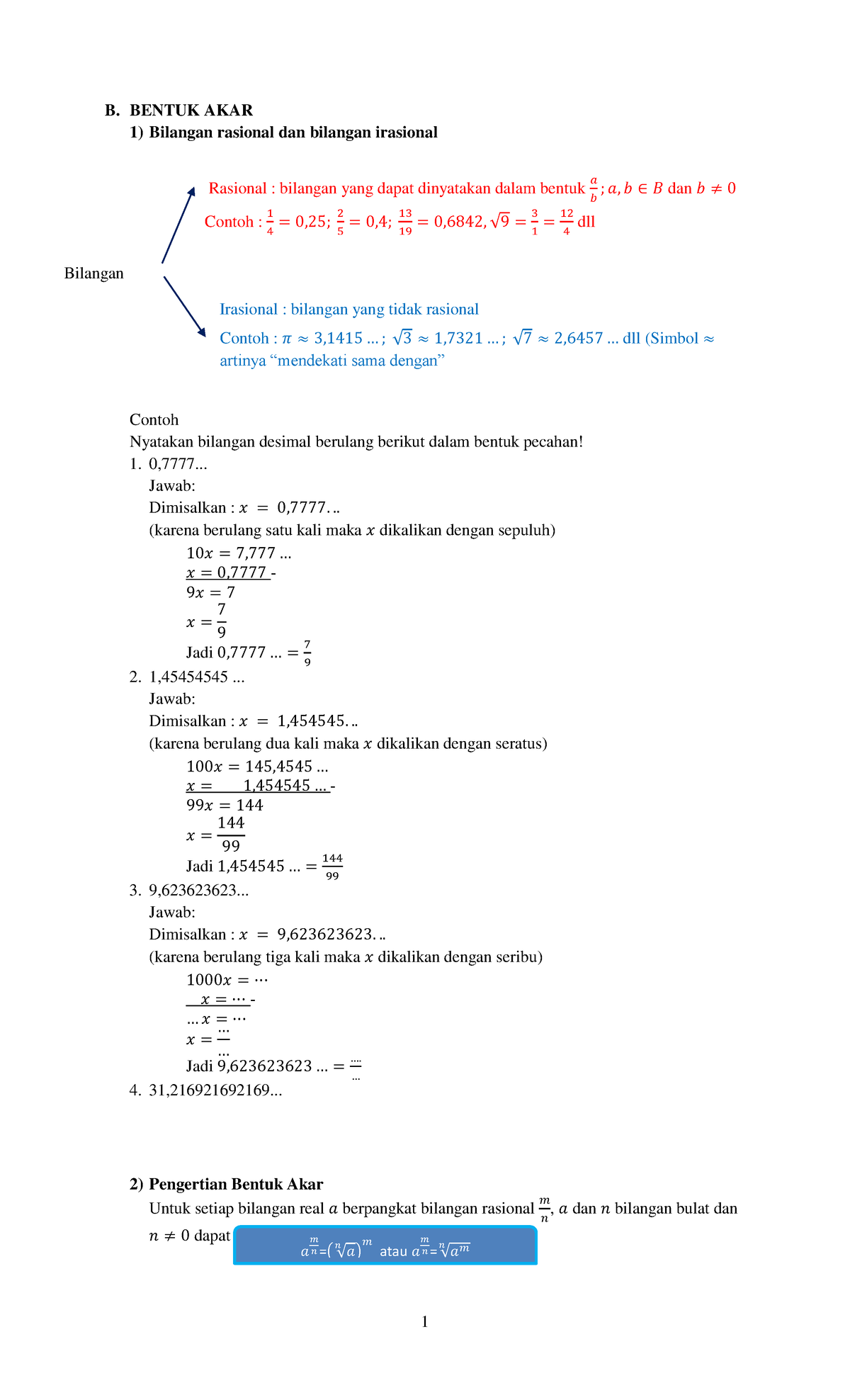 B. Bentuk AKAR-1 - 1 B. BENTUK AKAR 1) Bilangan Rasional Dan Bilangan ...