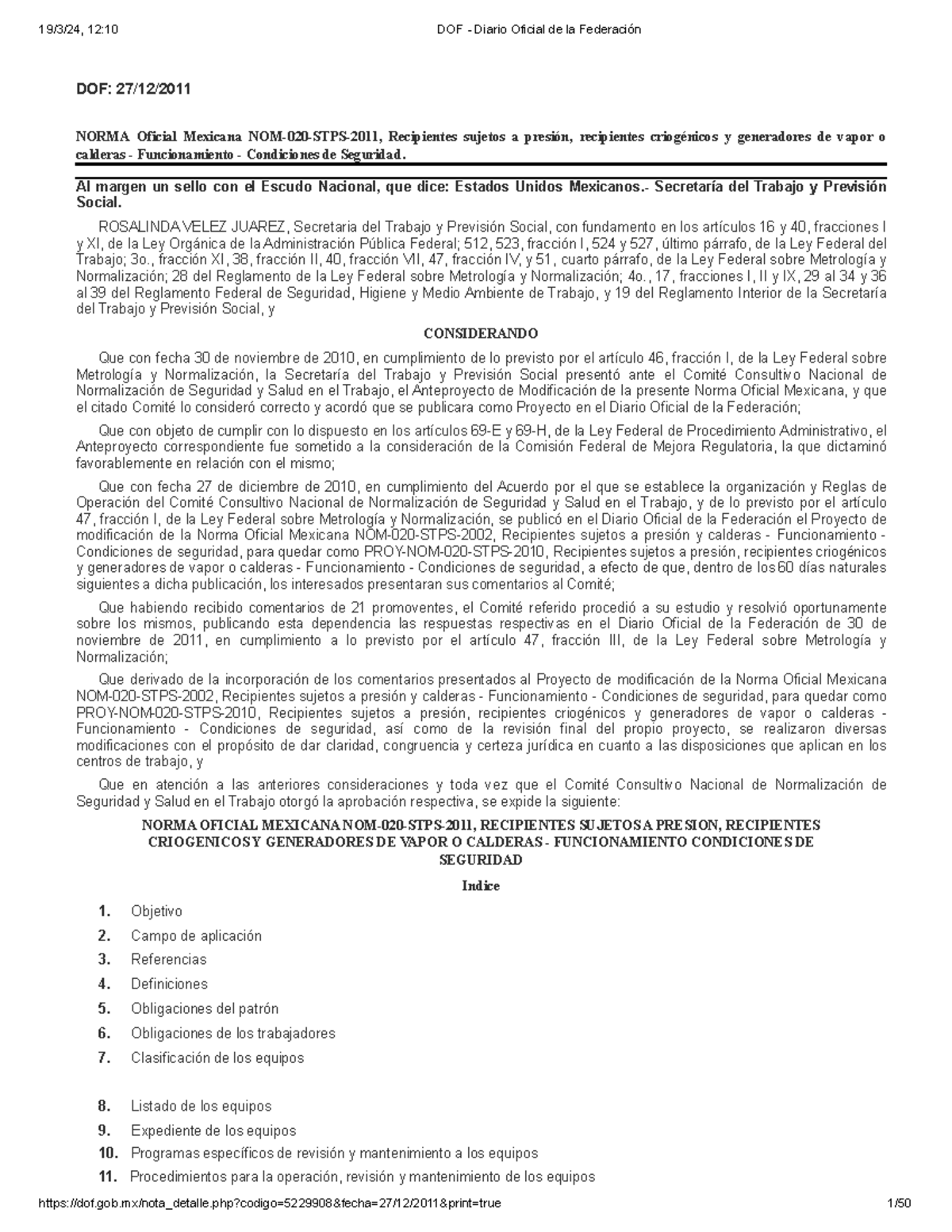 NOM-020 - Seguridad Industrial Actual - DOF: 27/12/ NORMA Oficial ...
