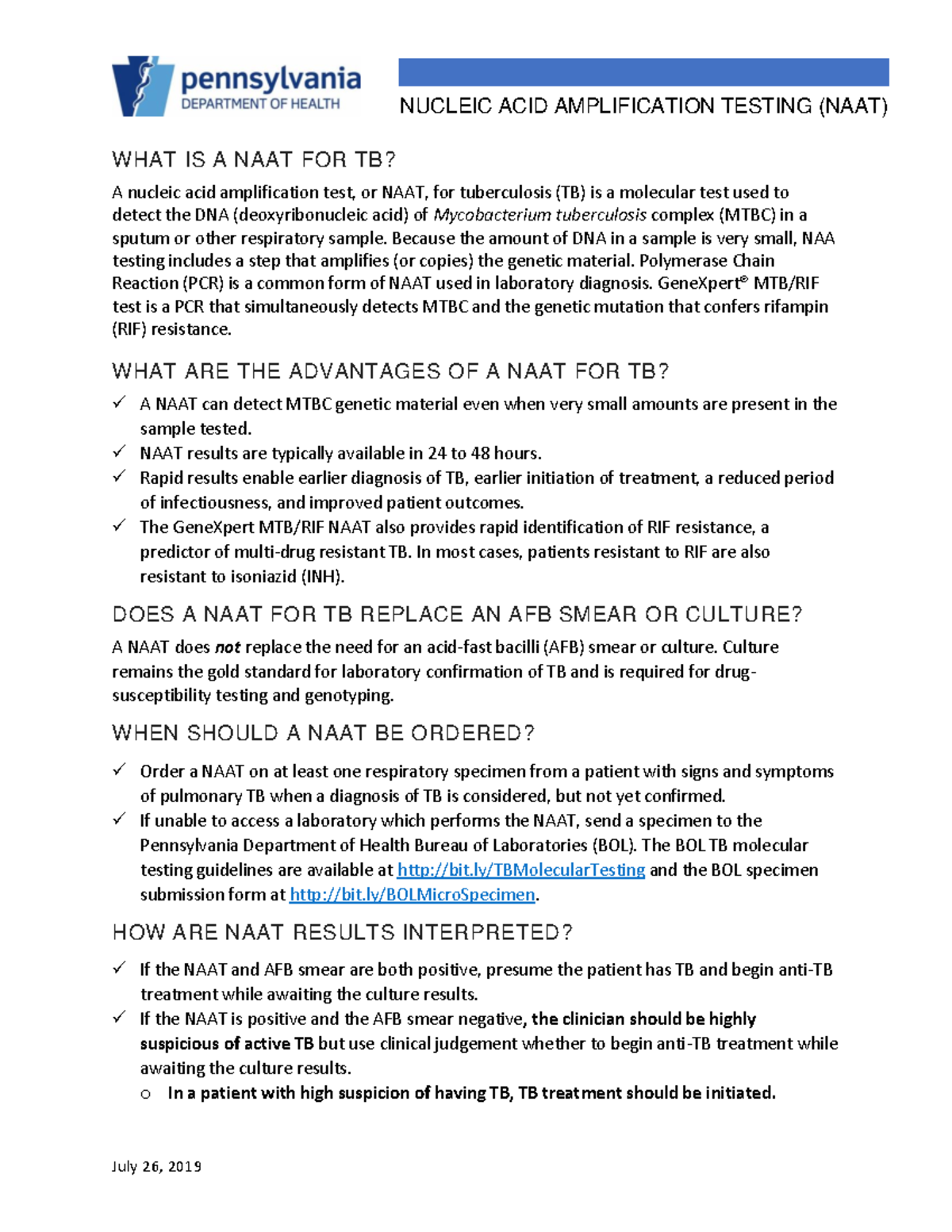 TB Insights notes July 2 6 , 2019 WHAT IS A NAAT FOR TB? A nucleic