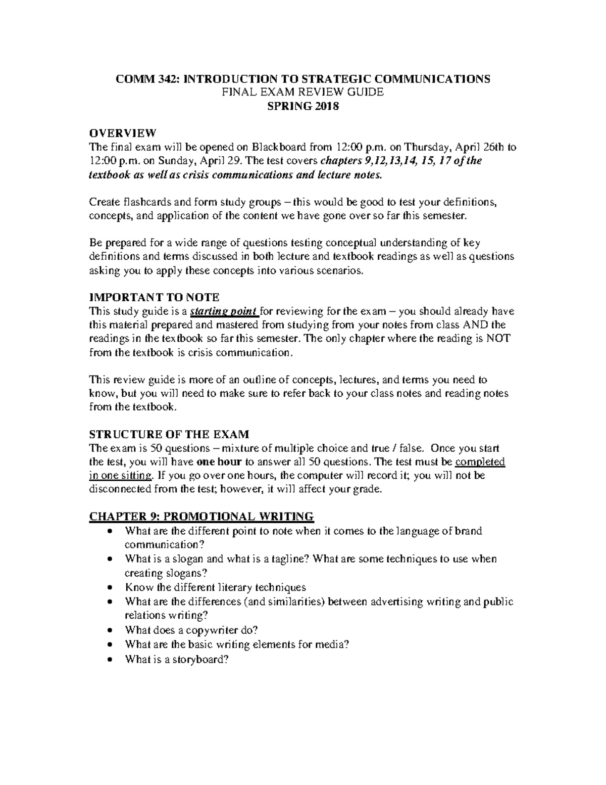 Exam Three Review Guide - COMM 342: INTRODUCTION TO STRATEGIC ...