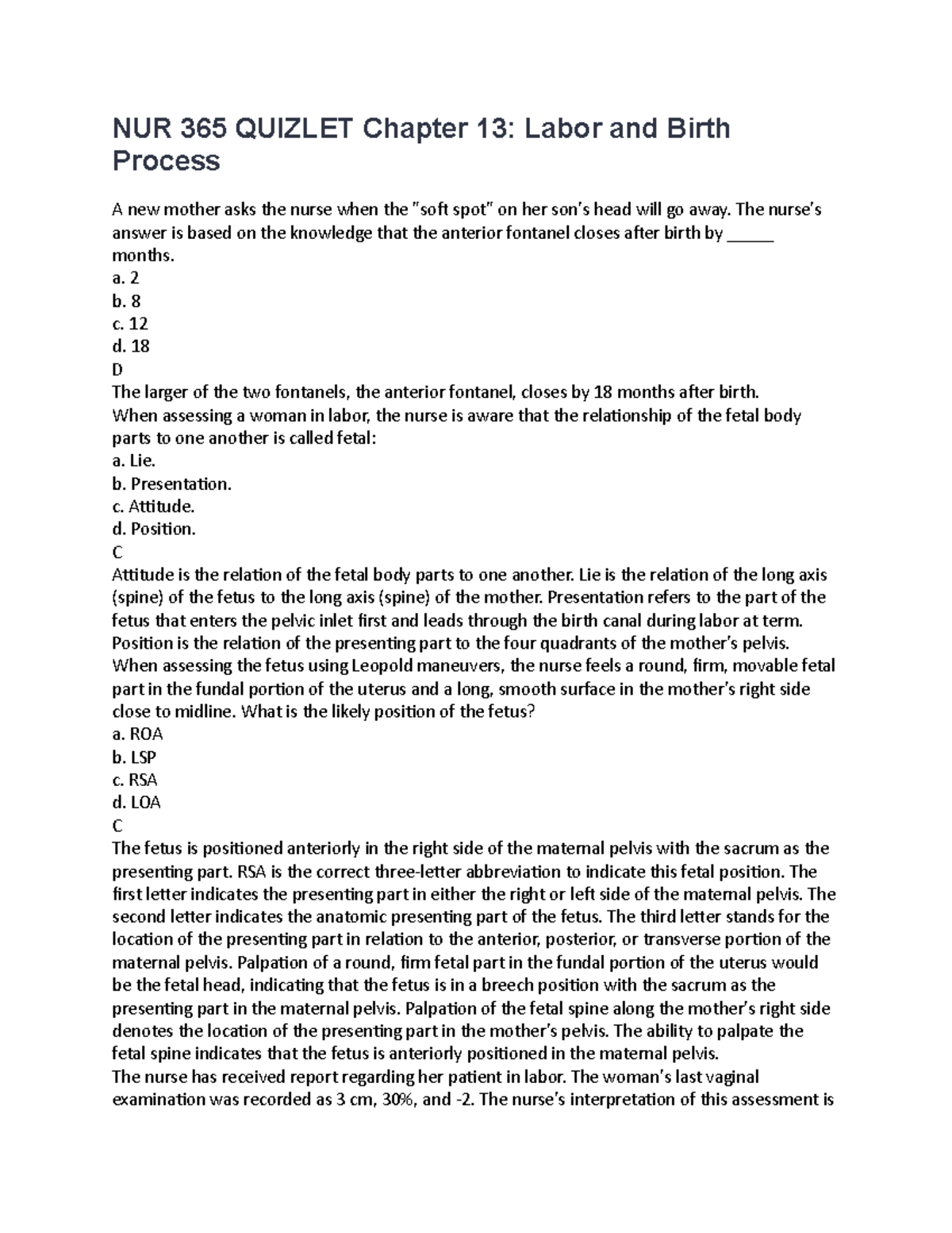 NUR 365 Quizlet Chapter 13 NUR 365 QUIZLET Chapter 13 Labor and