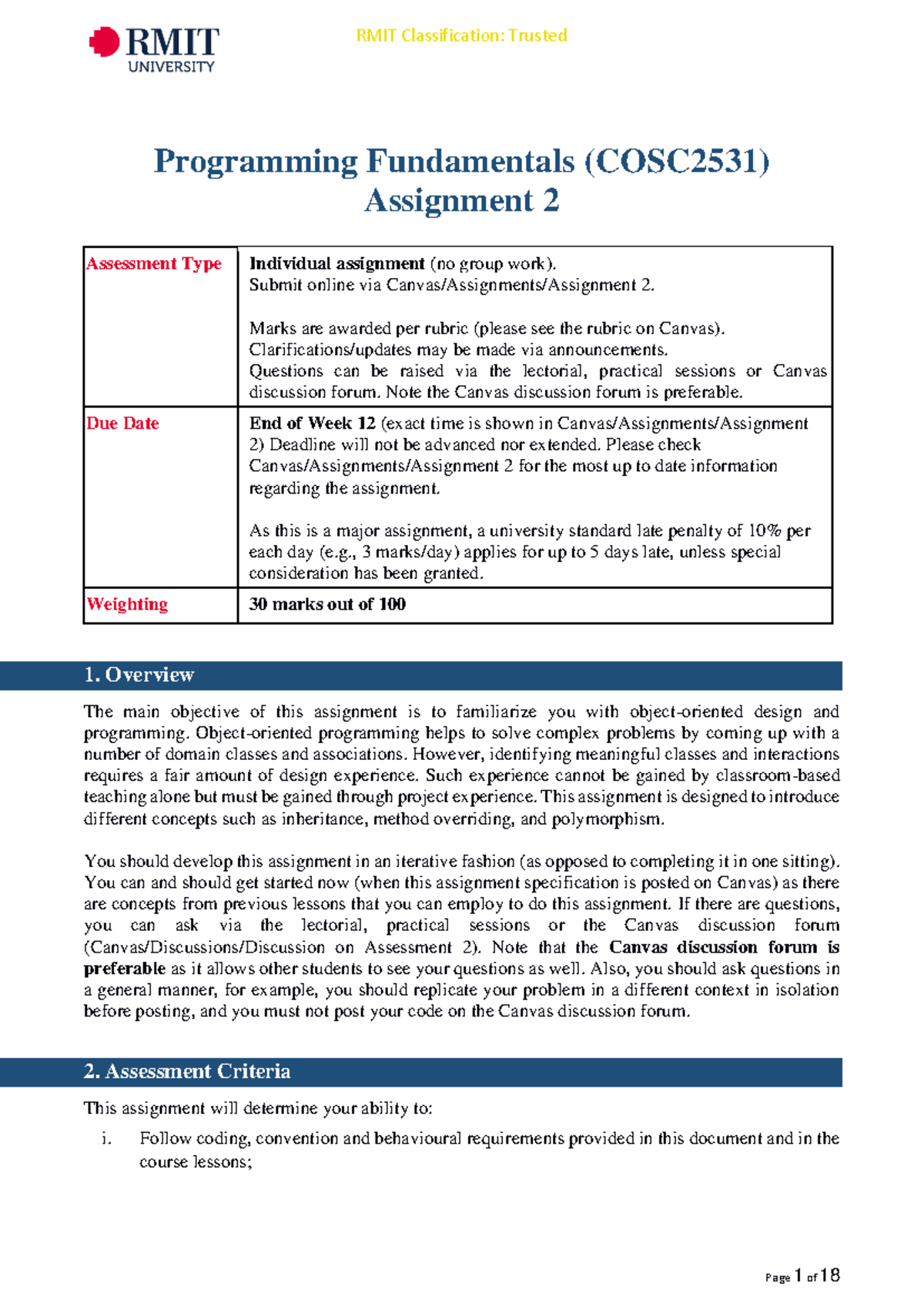 Assignment 2 - Programming Fundamentals (COSC 2531 ) Assignment 2 ...