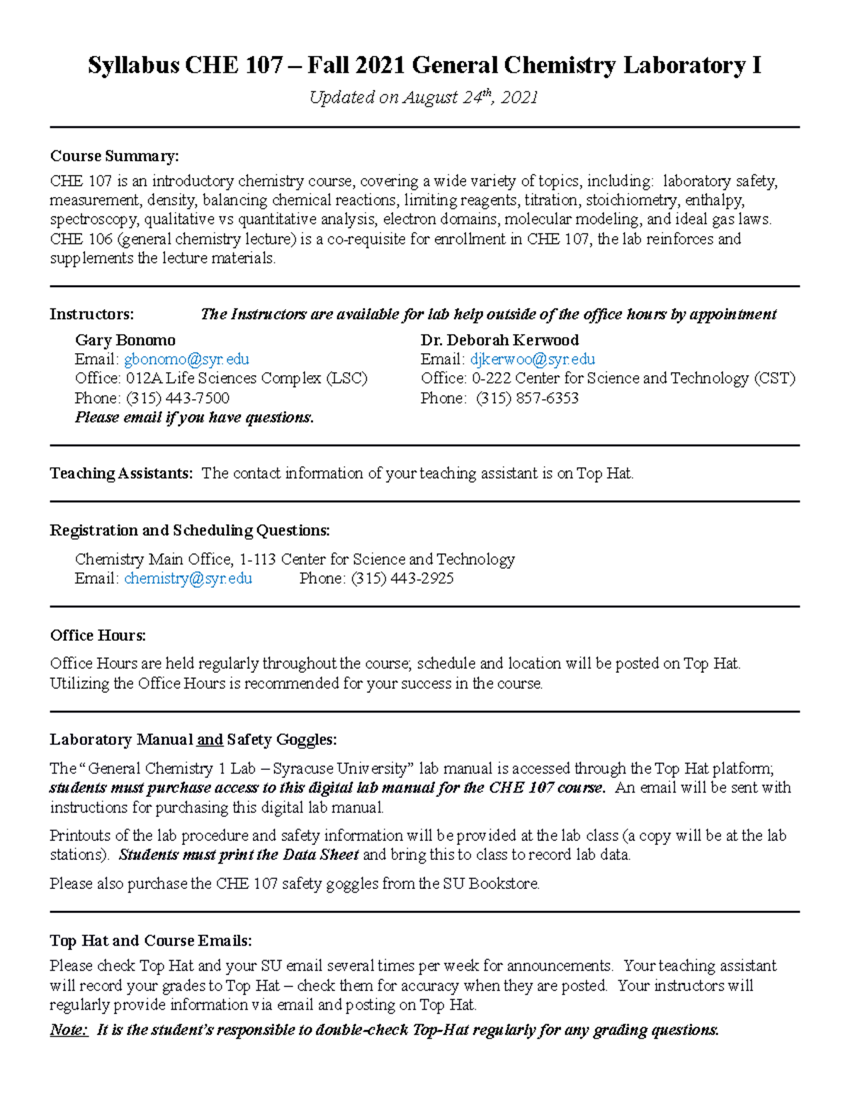 CHE 106/107 Assignments Syllabus CHE 107 Fall 2021 General