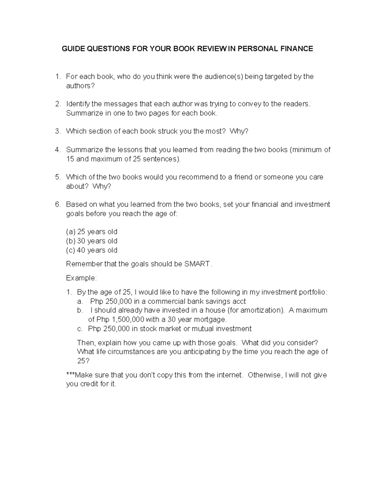 Guide Questions FOR YOUR BOOK Review IN Personal Finance - GUIDE ...