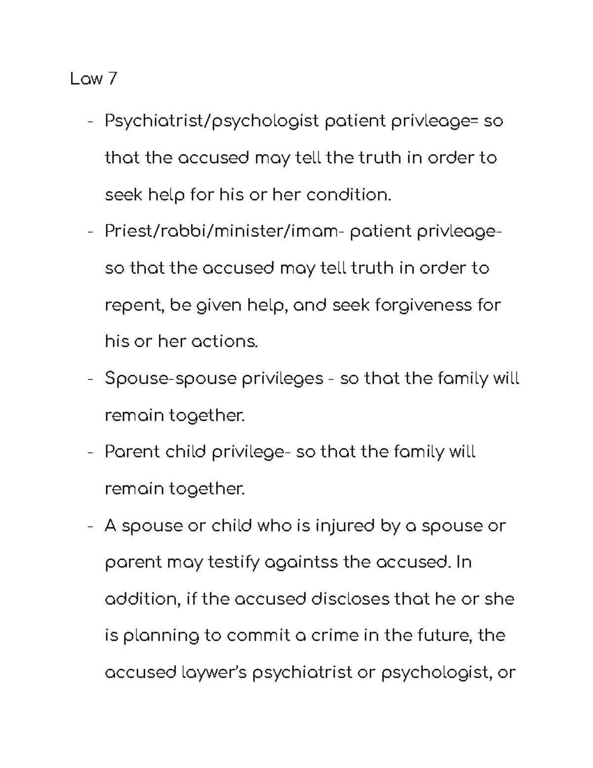 Law 7 - notes - Law 7 Psychiatrist/psychologist patient privleage= so ...