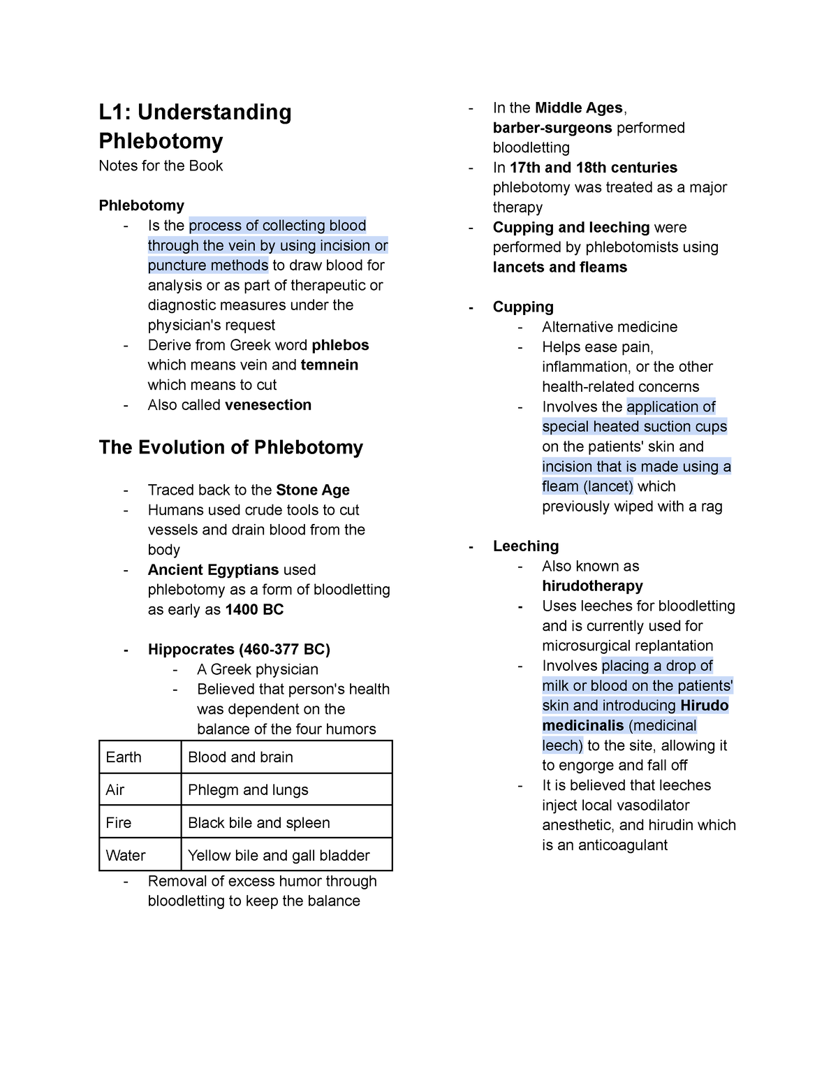 Notes L1- Understanding Phleb - L1: Understanding Phlebotomy Notes For ...