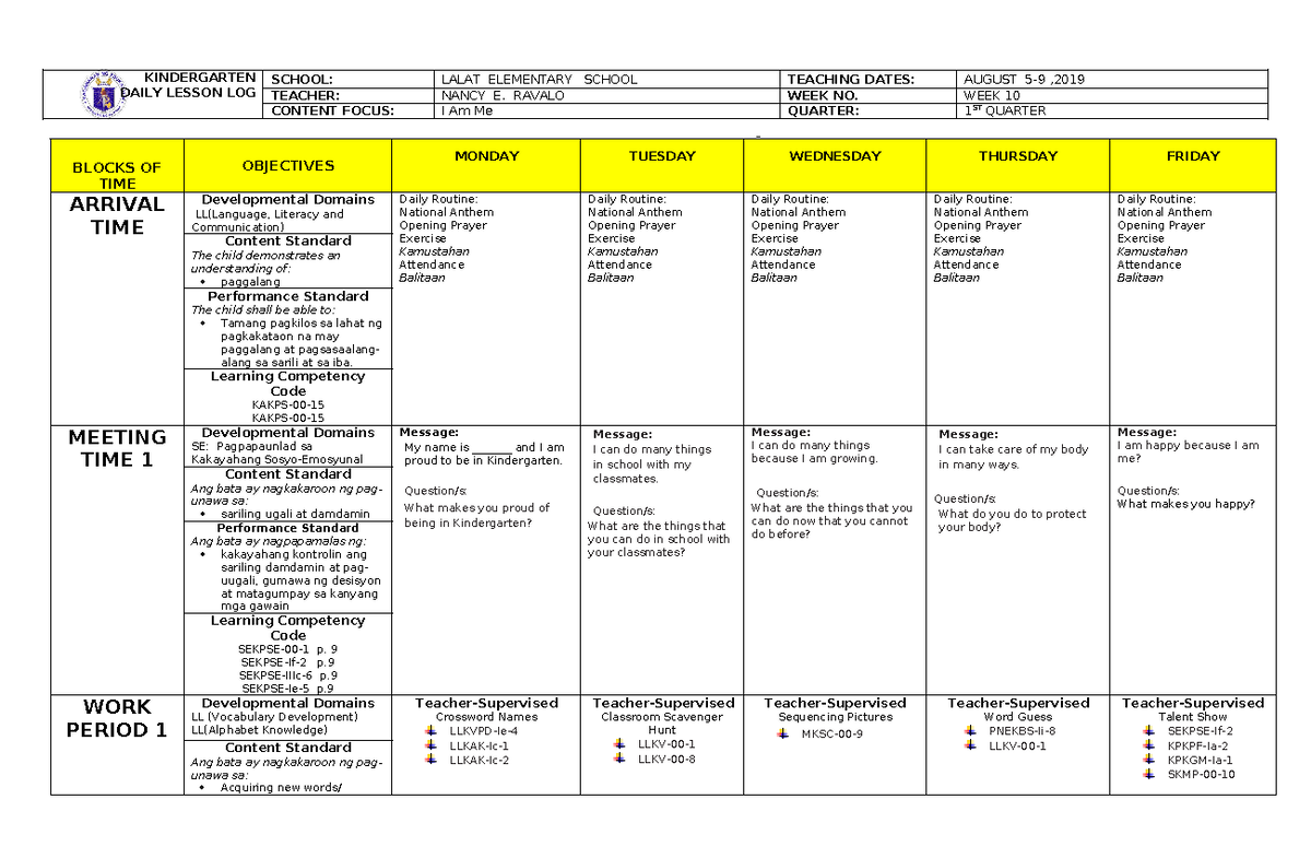 WEEK 10 - NEW KTG DLL - dll - KINDERGARTEN DAILY LESSON LOG SCHOOL ...