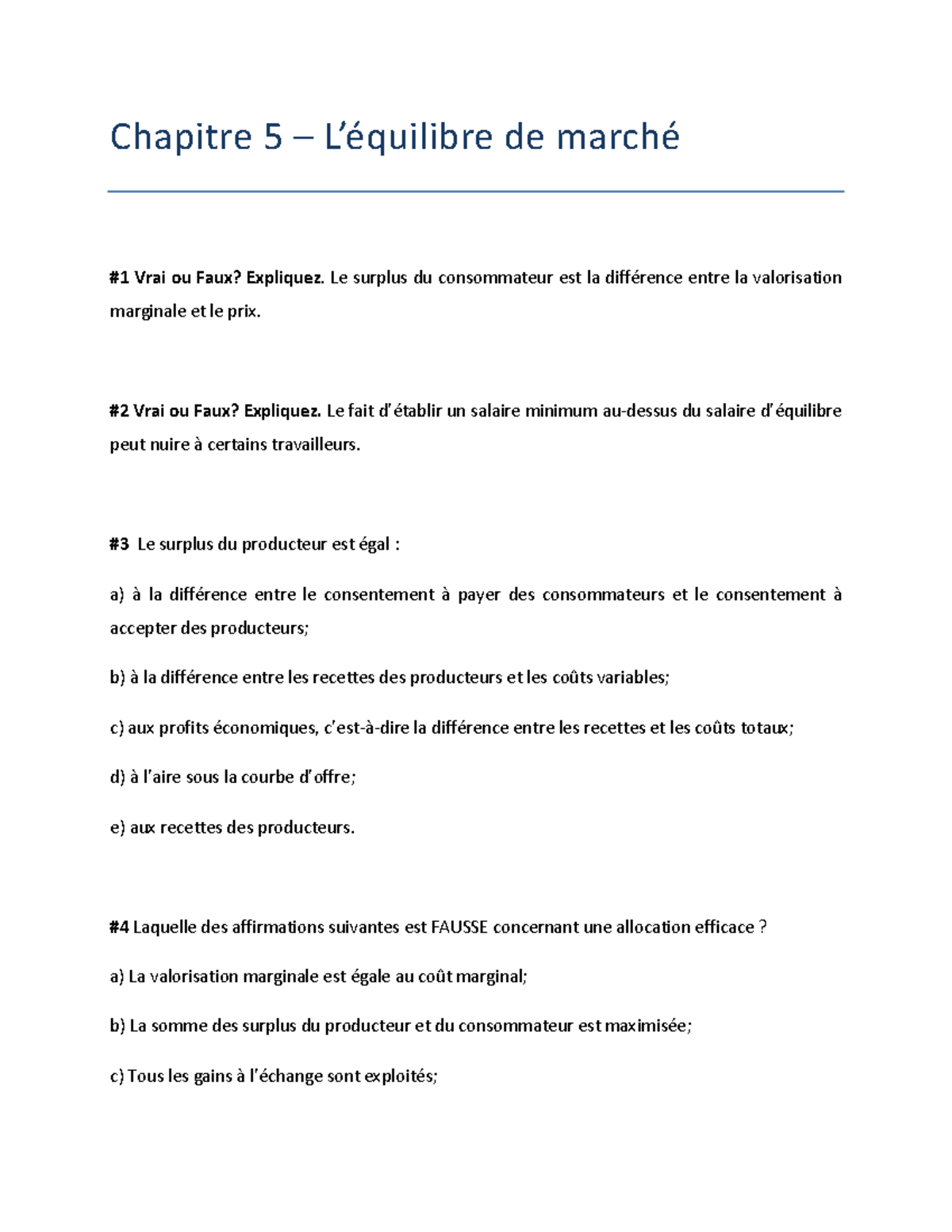 EXOS Chap5FR Enonces - Exercice - Chapitre 5 De Marché Vrai Ou Faux ...