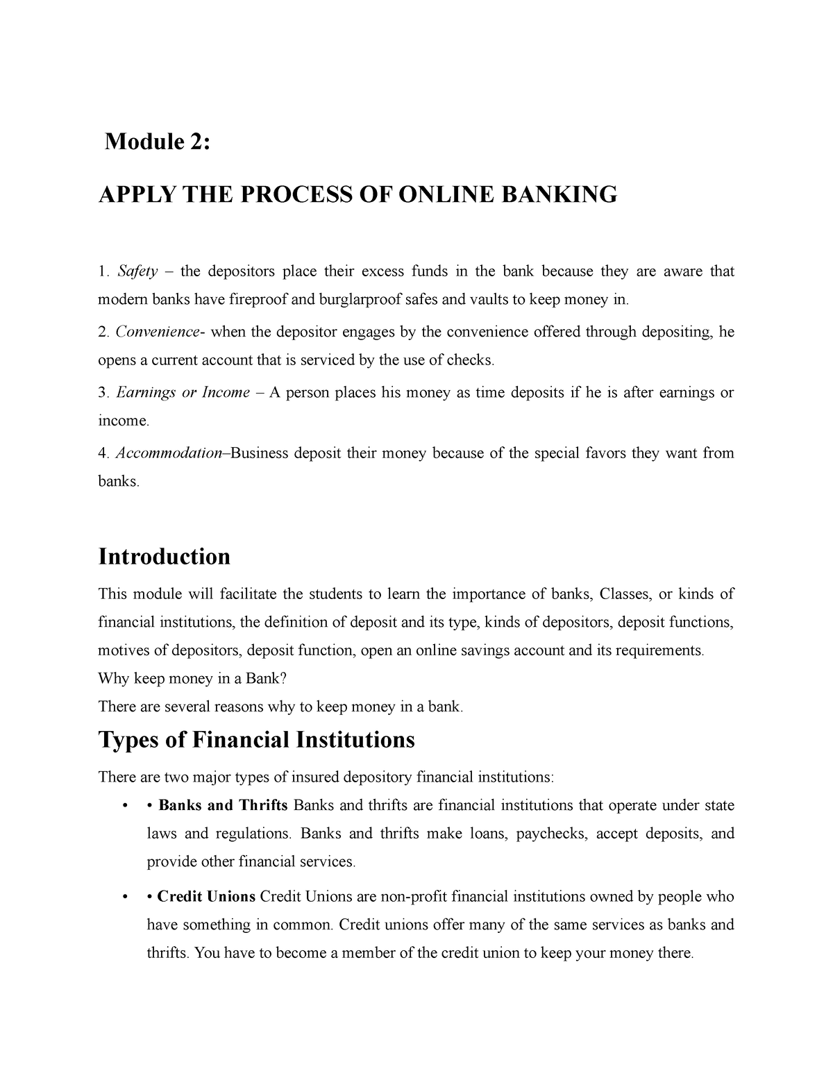 Banking AND Financial Institution Module 2 - Module 2: APPLY THE ...