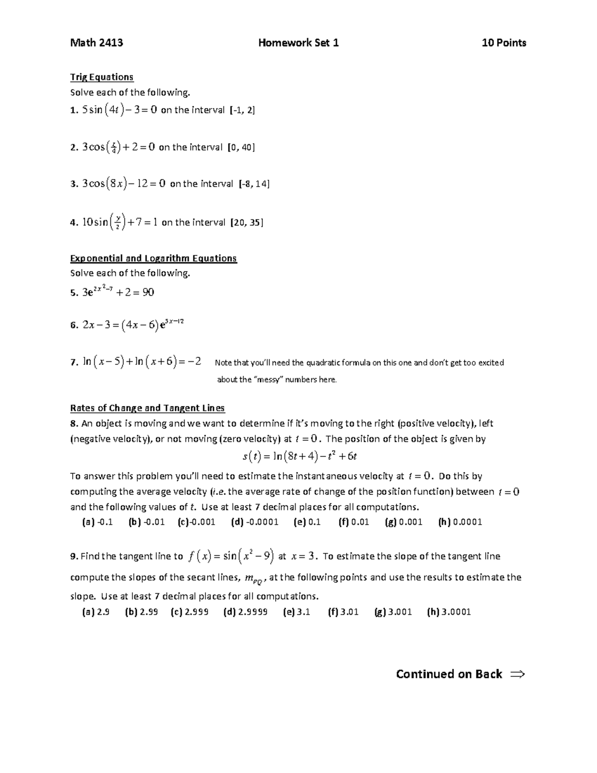 17 Fall Homework 01 - Math 2413 Homework Set 1 10 Points Trig Equations ...