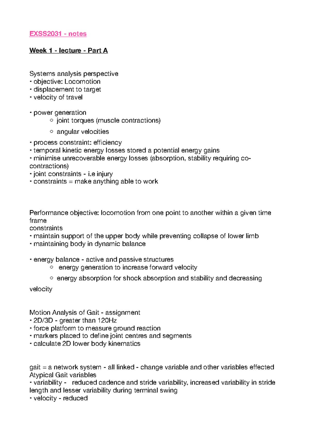 Biomechanics - Finals Notes - EXSS2031 - notes Week 1 - lecture - Part ...