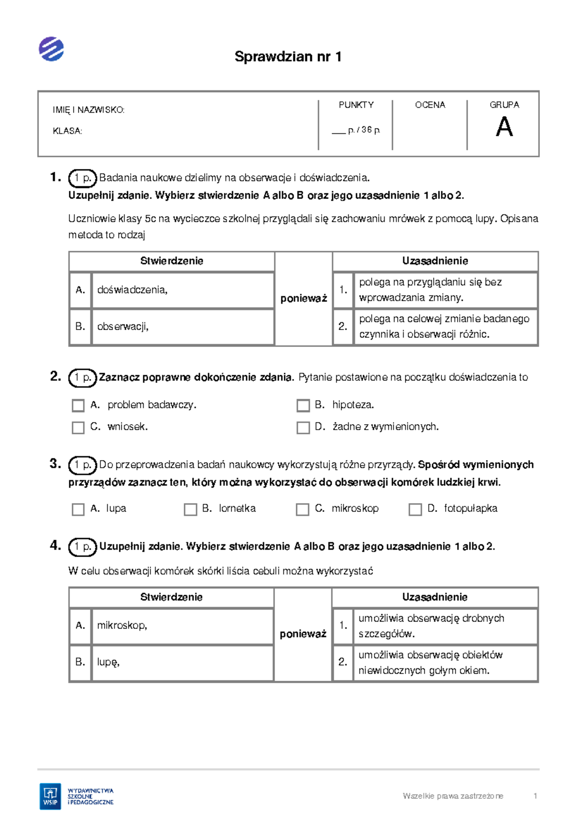 7862011 24 Sprawdzian nr 1 Poznajemy biologię - IMIĘ I NAZWISKO: KLASA