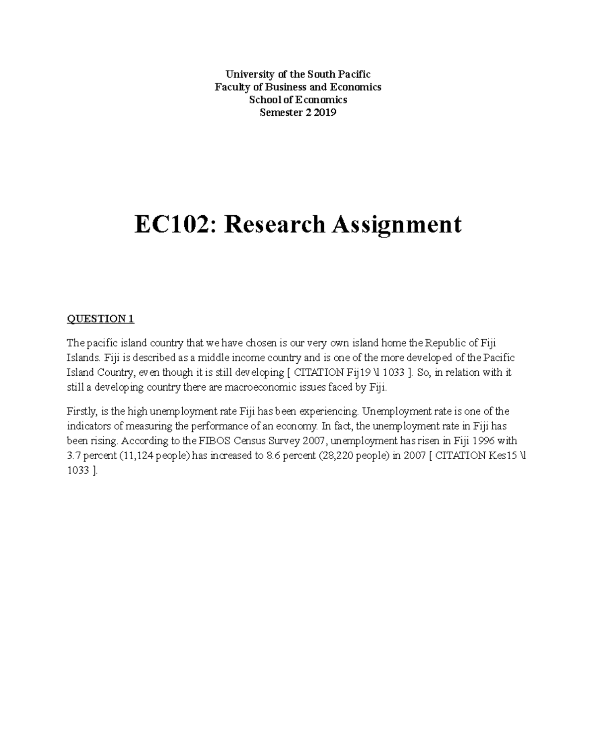 EC 102 Major Assignment Group 23 - University Of The South Pacific ...