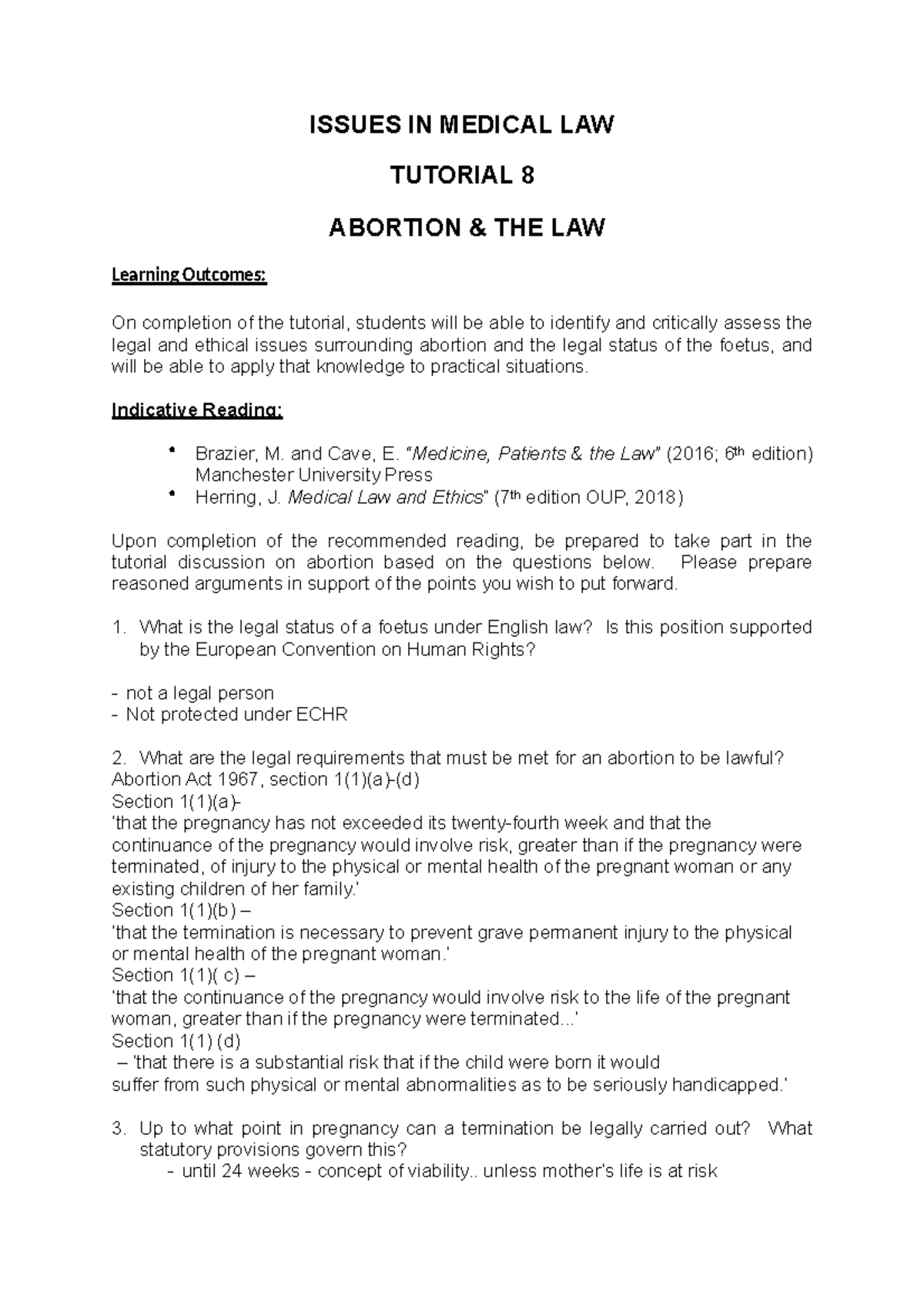 Tutorial 8 - ISSUES IN MEDICAL LAW TUTORIAL 8 ABORTION & THE LAW ...