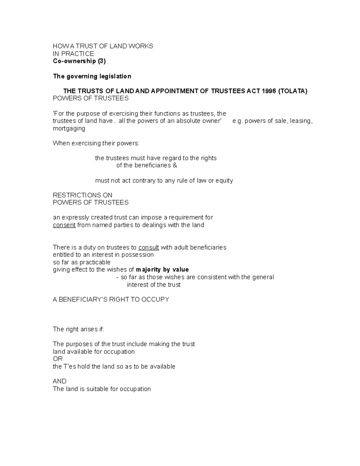 Co-ownership 3 - Lecture notes 7 - HOW A TRUST OF LAND WORKS IN ...