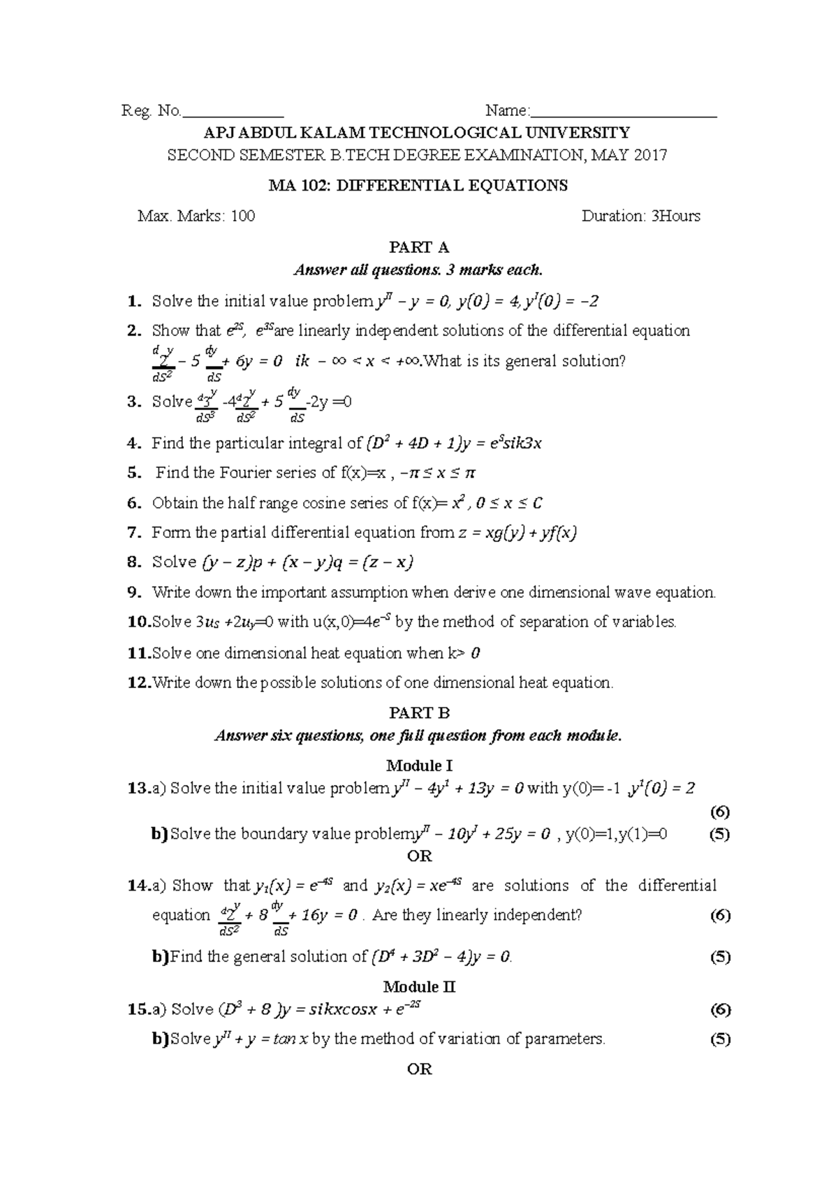 Differential Equations-B - Reg. No. Name: APJ ABDUL KALAM TECHNOLOGICAL ...