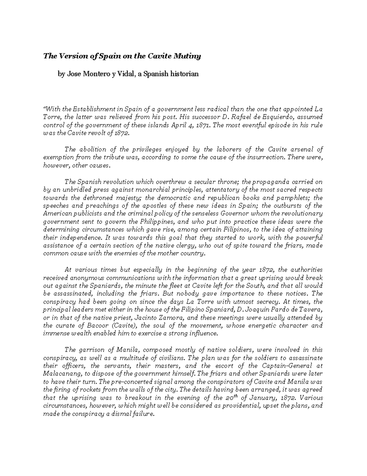 The Version of Spain on the Cavite Mutiny Primary Source The Version