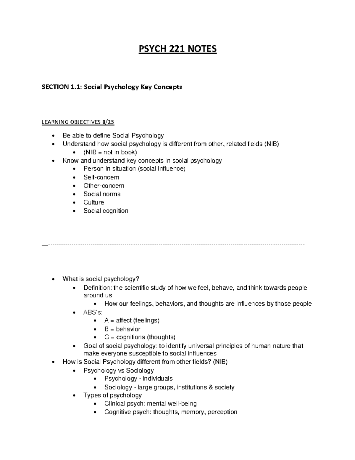 U1 Psych 221 Notes - PSYCH 221 NOTES SECTION 1: Social Psychology Key ...