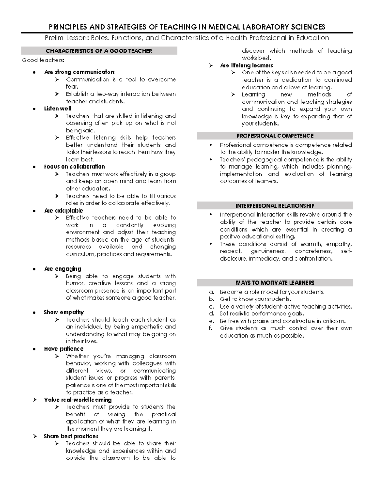 Prelim Pstmls Lesson- Characteristics of a Good Teacher - PRINCIPLES ...