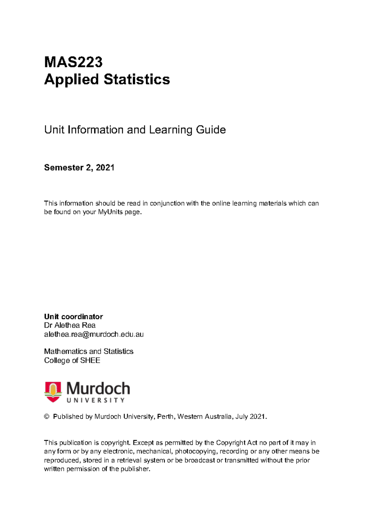 MAS223 UNIT INFO - MAS Applied Statistics Unit Information and Learning ...