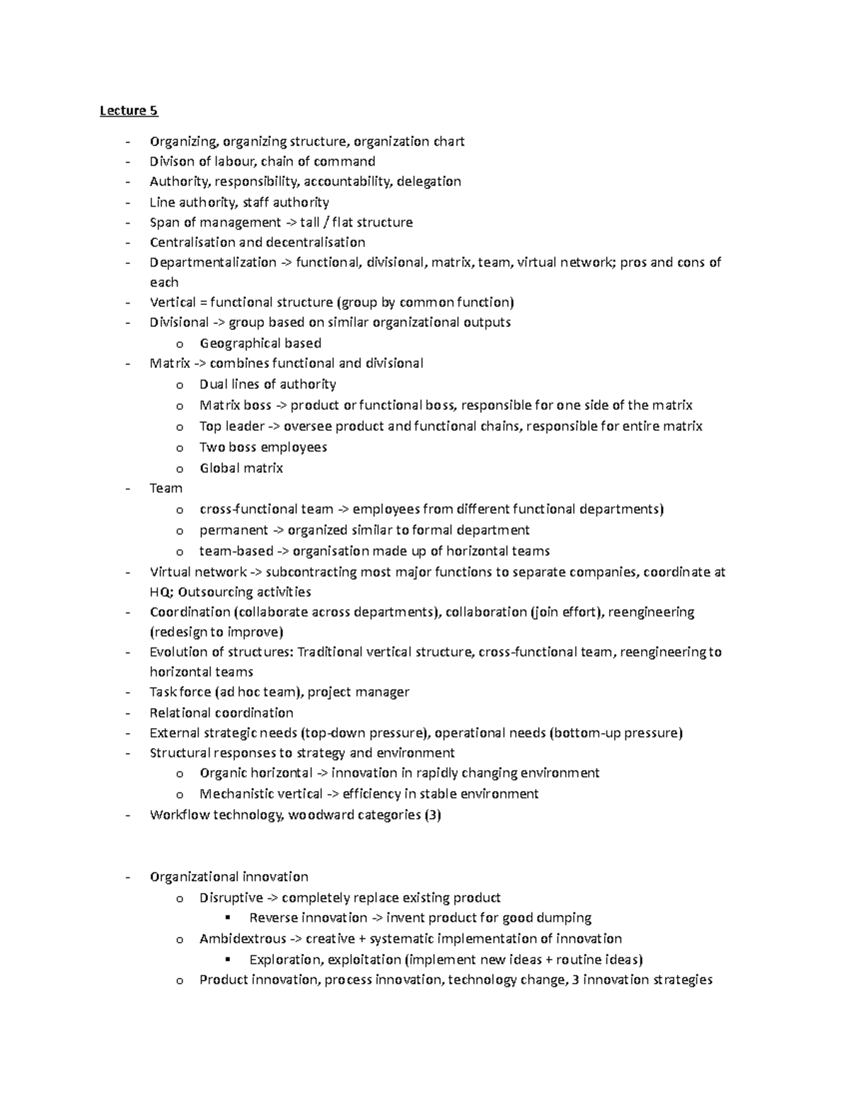 Quiz 1 summary notes Lecture 5 Organizing, organizing structure