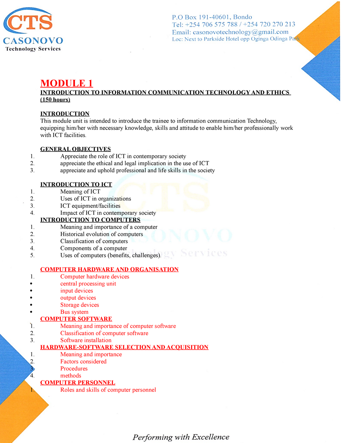 course outline ict in education