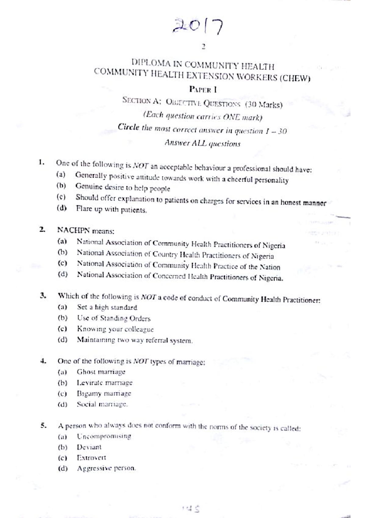 2017 paper 1 - Assessment - 2017 2 DIPLOMA IN COMMUNITY HEALTH ...