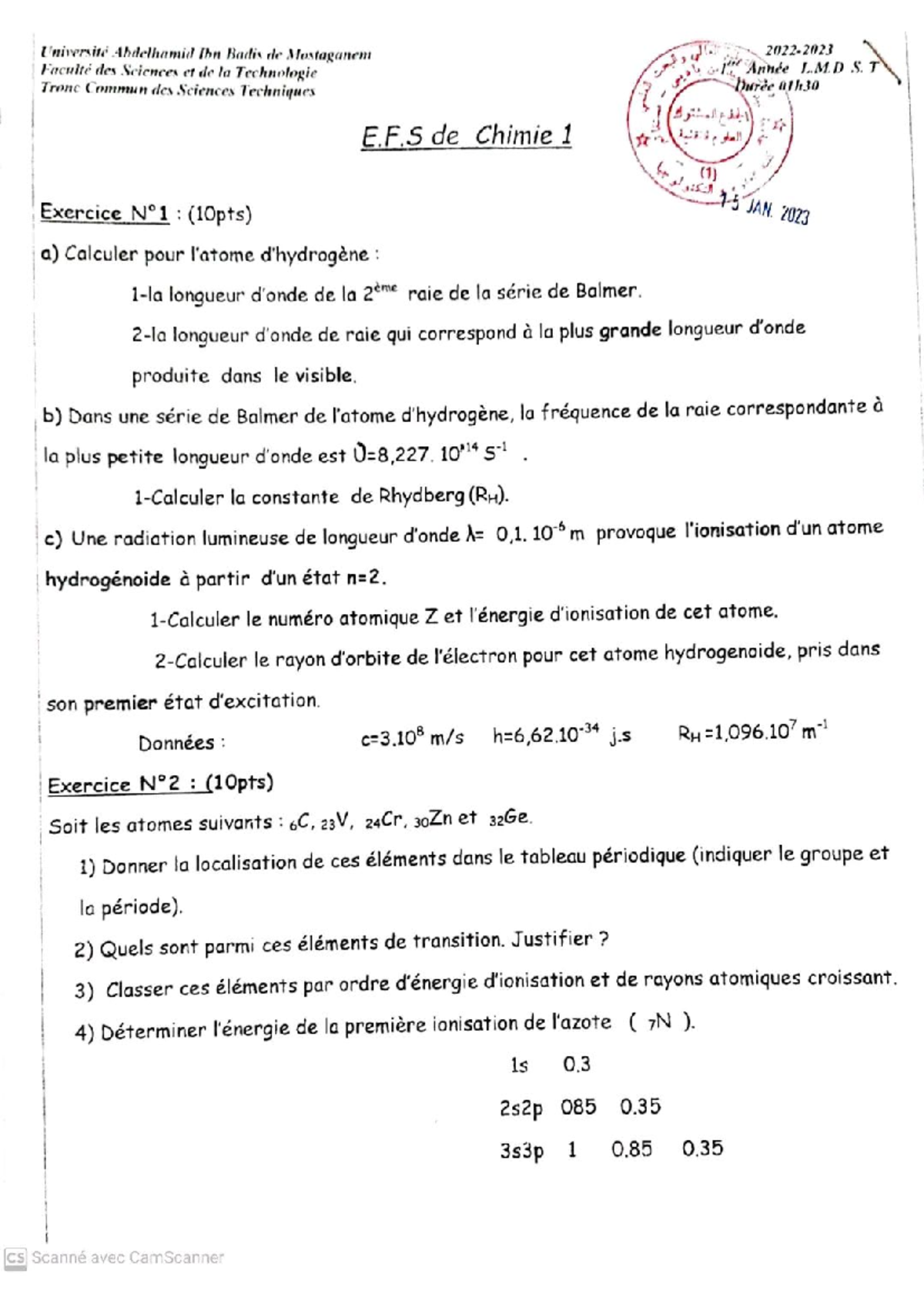 Examen 1+Solution Structure De La Matière (Chimie 1) Mostaganem ...