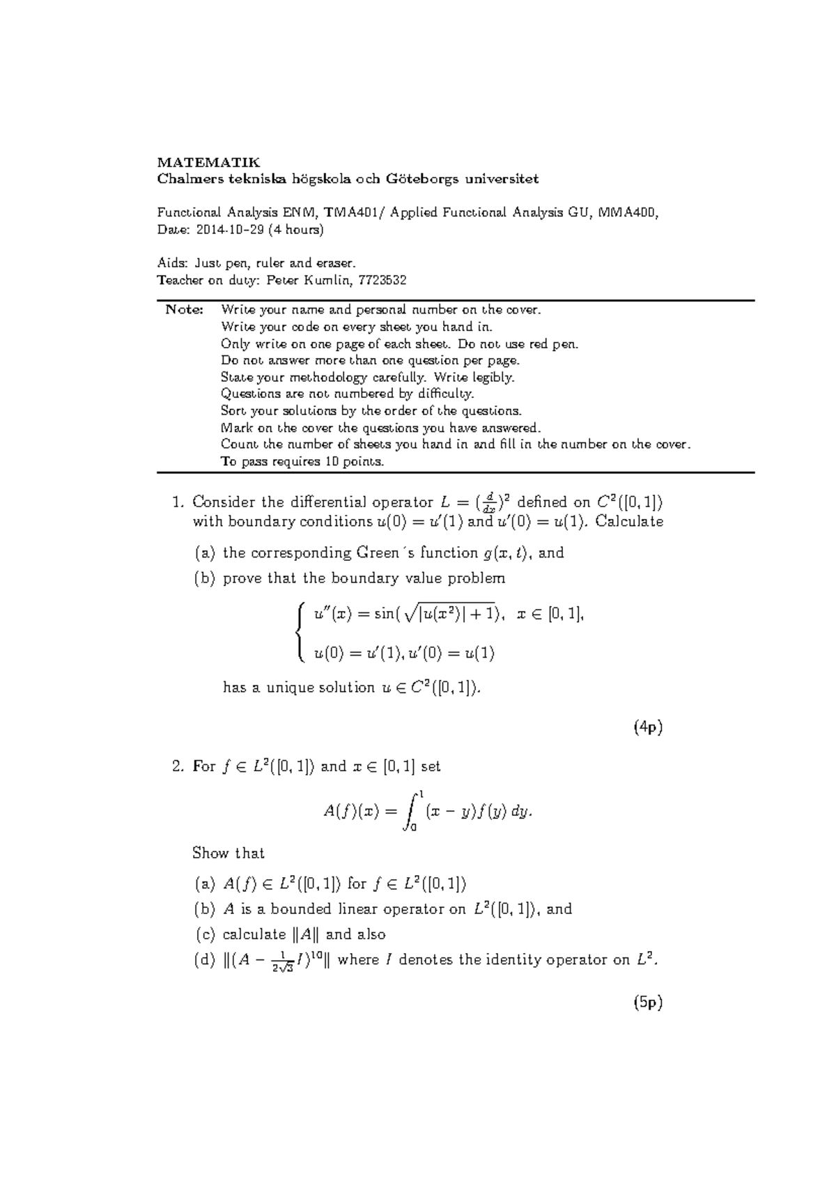 Exam 29 October 14 Questions And Answers Functional Analysis Matematik Chalmers Tekniska Studocu
