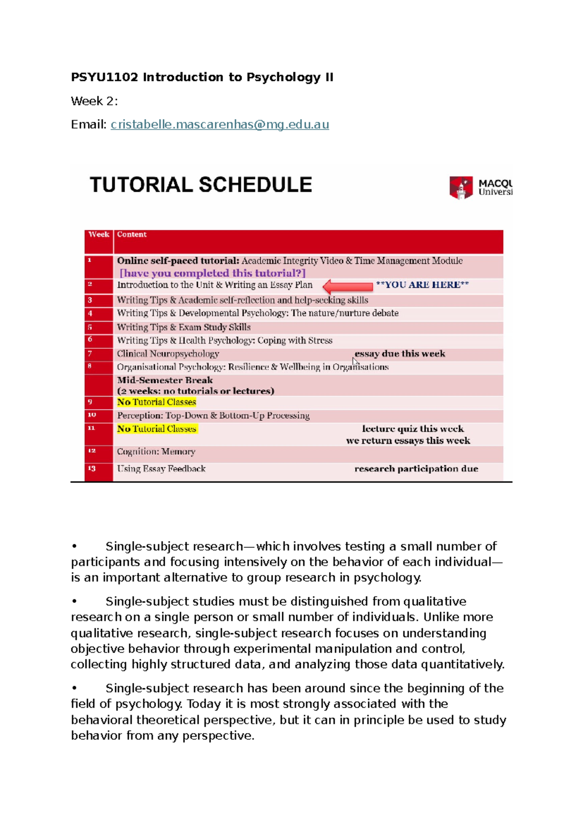 PSYU2 Notes - PSYU1102 Introduction to Psychology II Week 2: Email ...