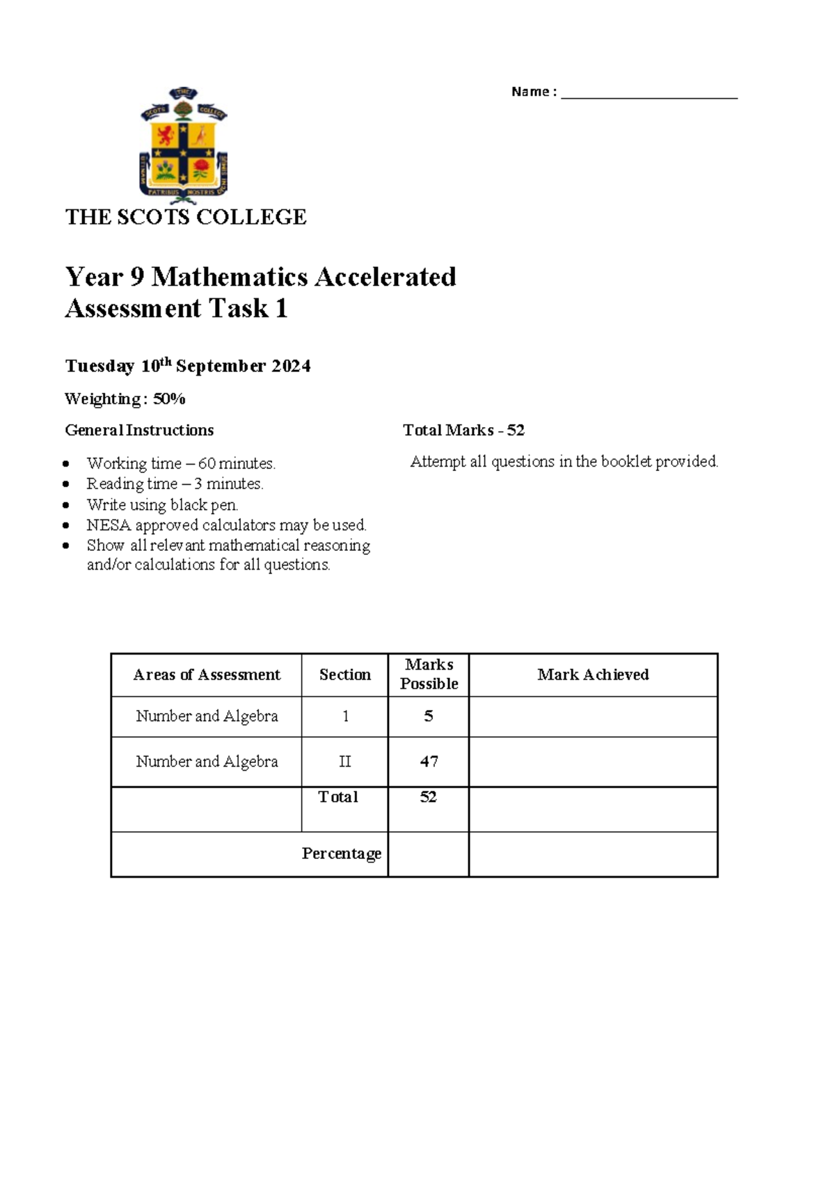 Yr 9 accelerated maths task 1 2024 name the