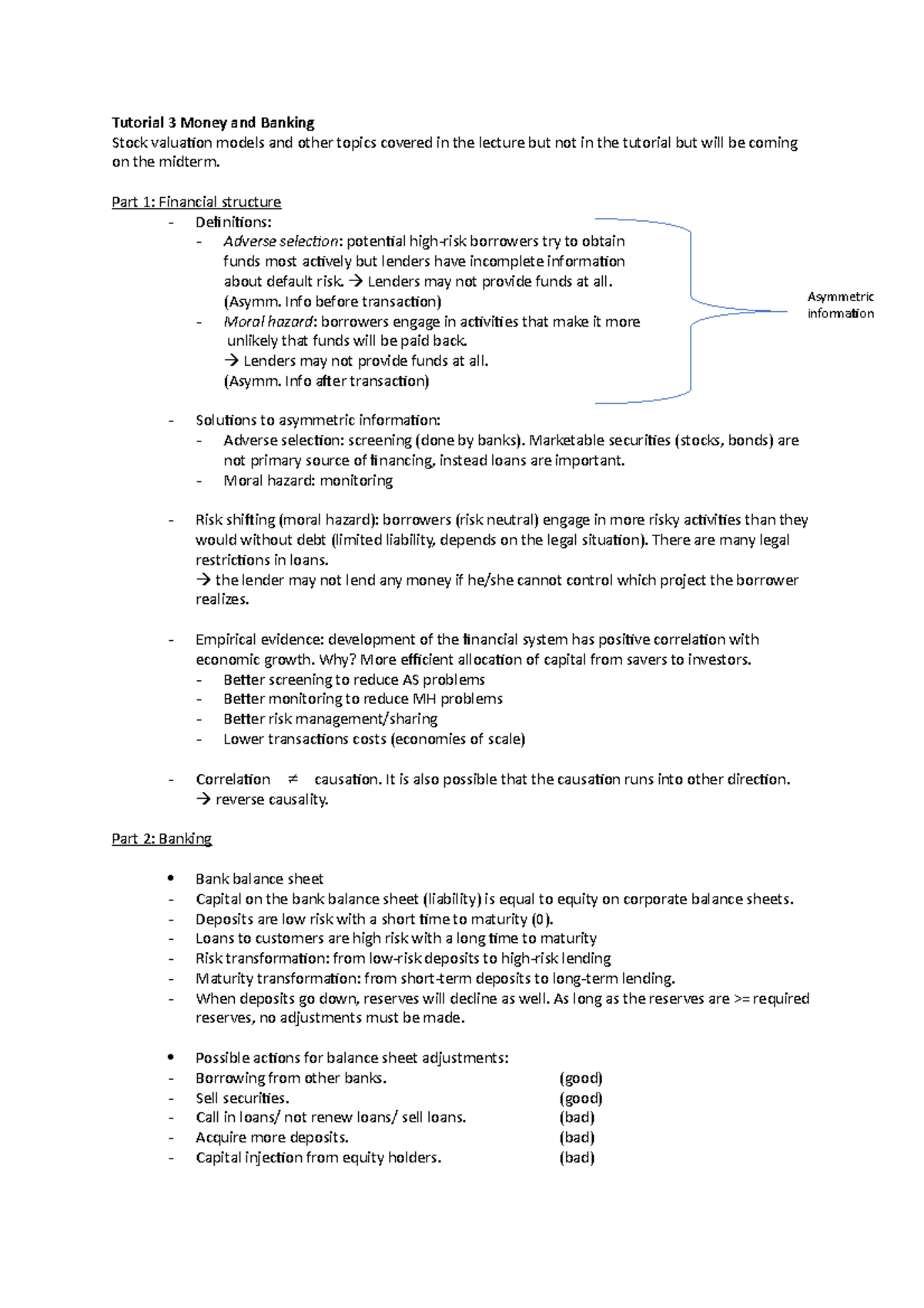 M&B notes tutorial 3 Money and Banking UvA Studeersnel