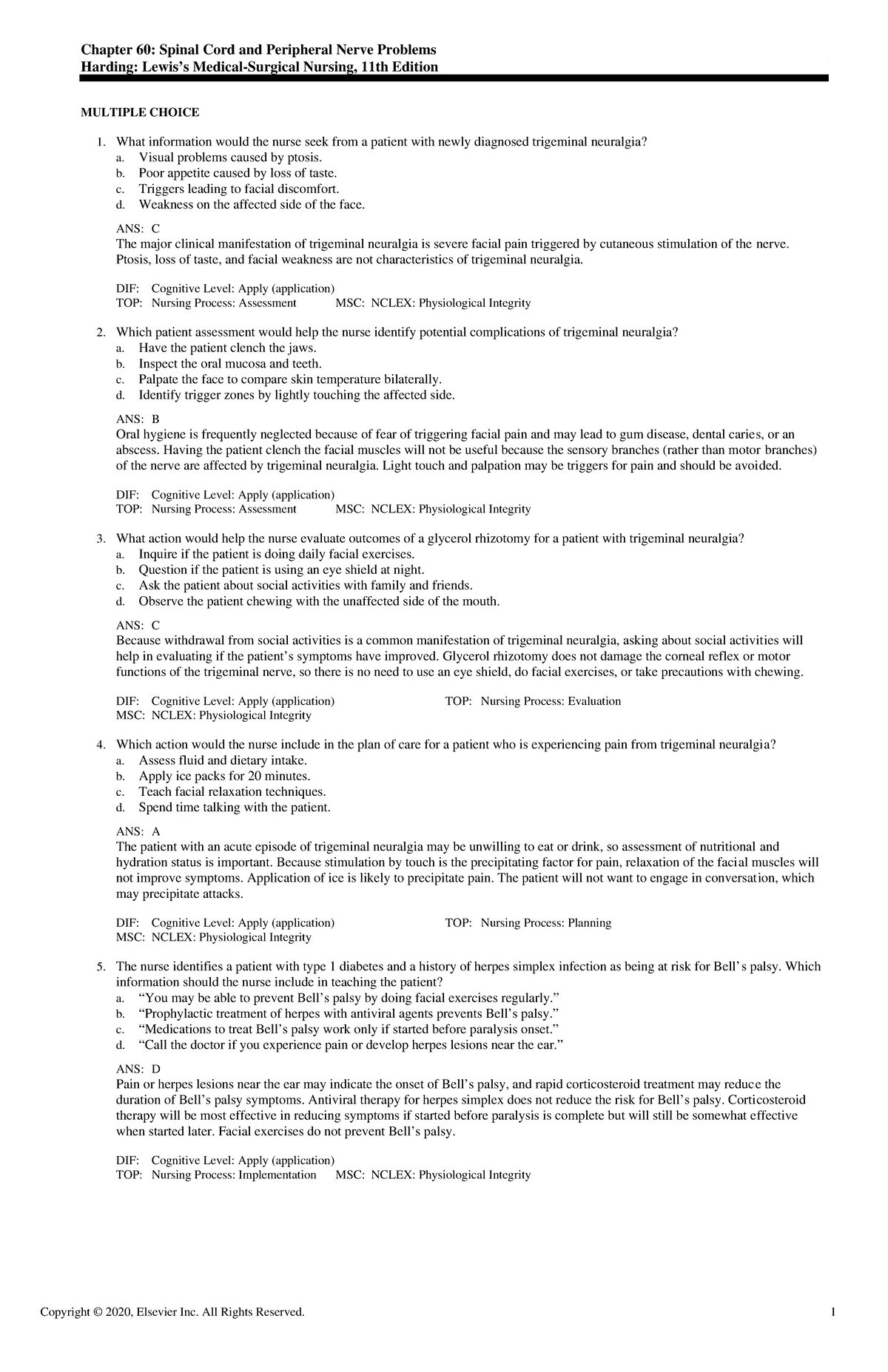 Exam View - CH0060 Harding 11e TB - Chapter 60: Spinal Cord and ...