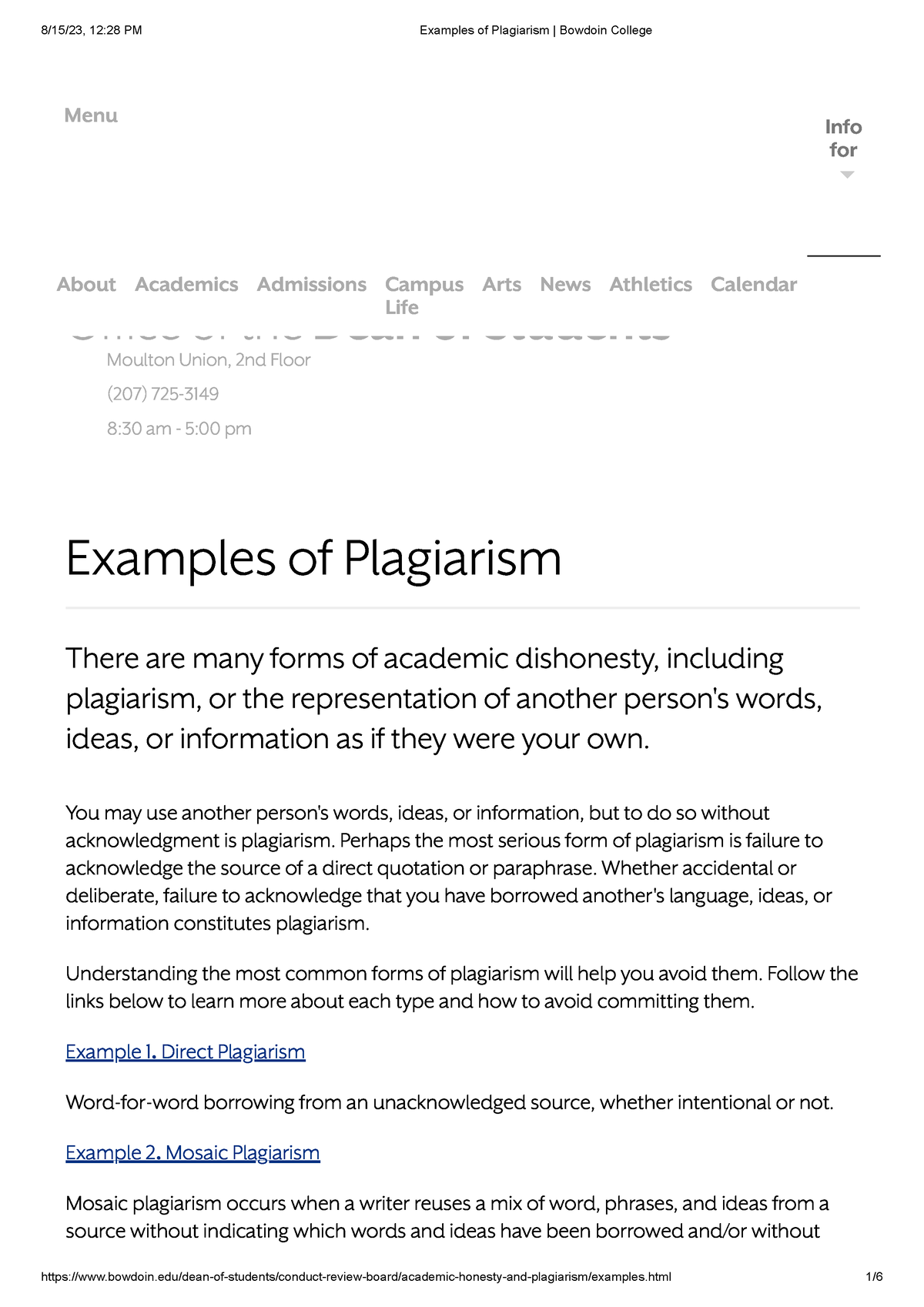 Examples Of Plagiarism Bowdoin College - Cas1501 - Unisa - Studocu