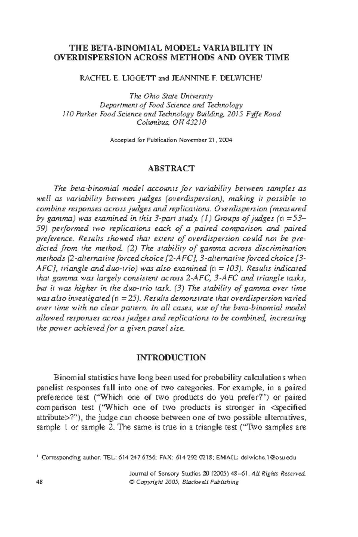 The Beta Binomial Model Variability in O - Journal of Sensory Studies ...