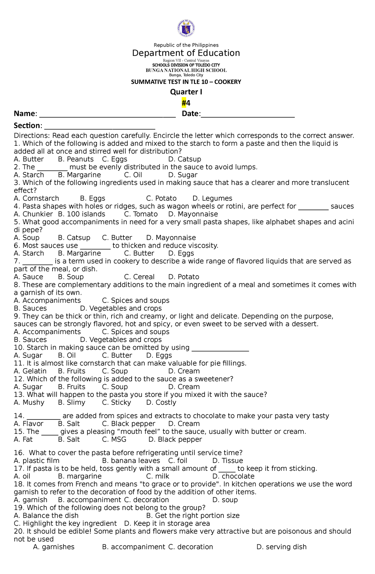 Summative Test #4 In Cookery 10 Quarter 1 - Republic Of The Philippines ...