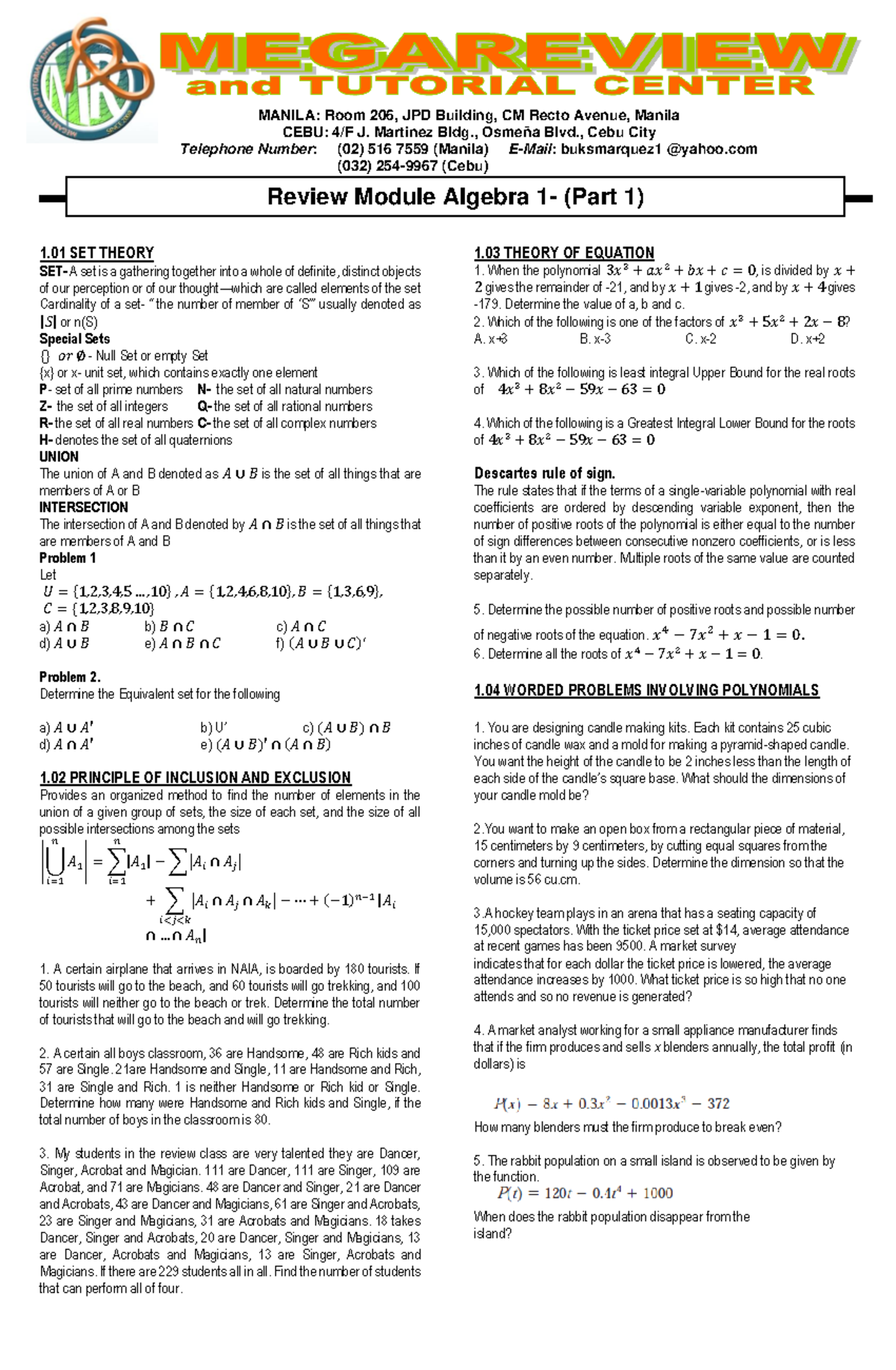 Review Module 1 Algebra 1 Part 1 - Review Module Algebra 1- (Part 1 ...