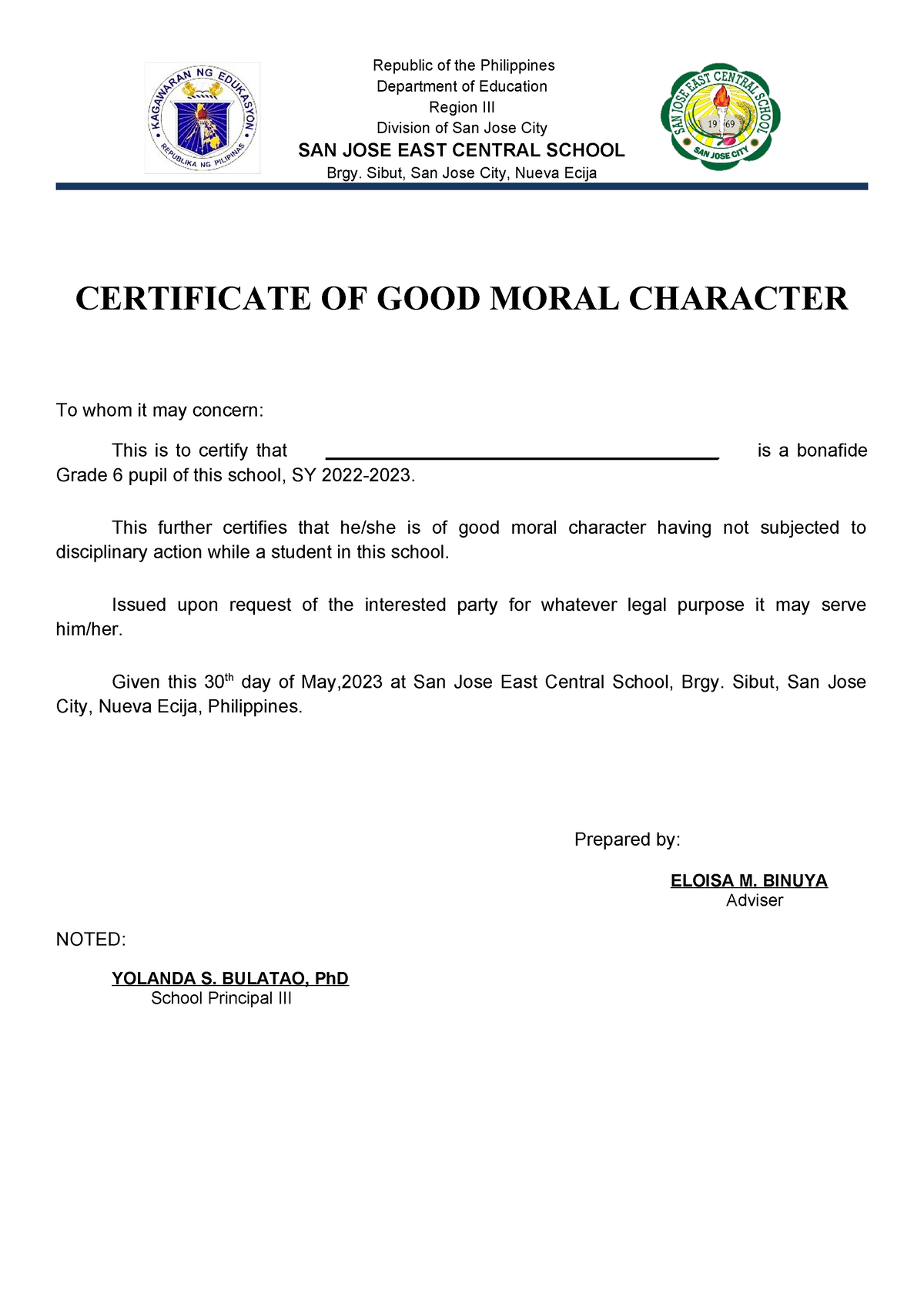 CERT OF GOOD MORAL - Republic of the Philippines Department of ...