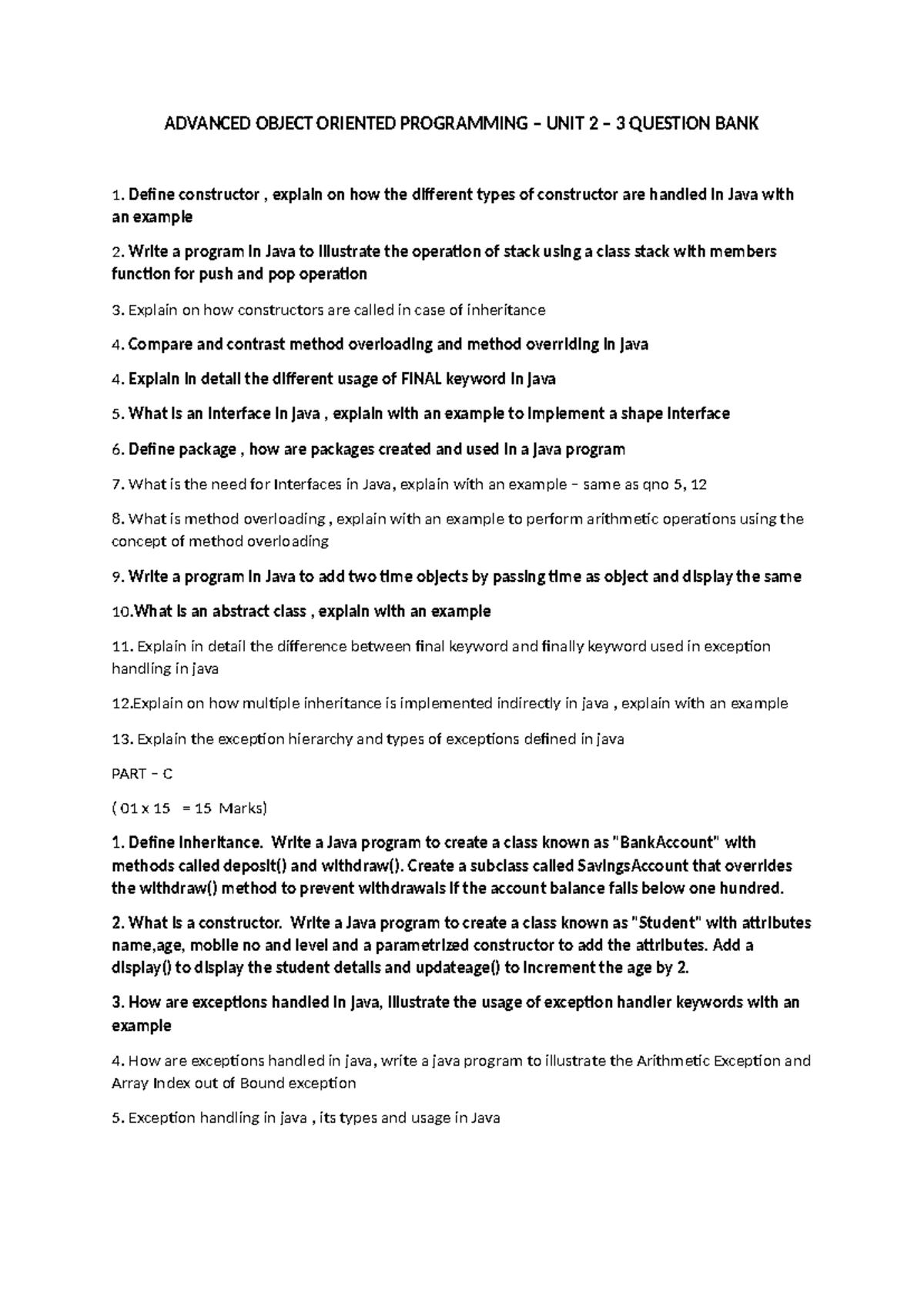 Aoop-unit2 3 questionbank - ADVANCED OBJECT ORIENTED PROGRAMMING – UNIT ...