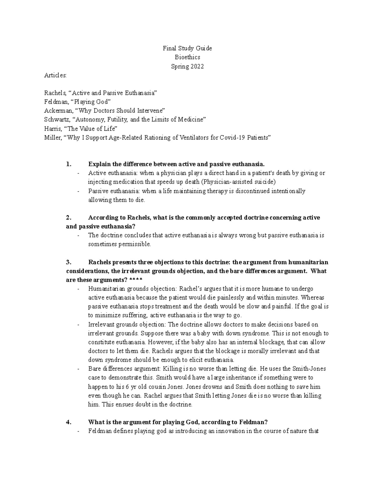 Bioethics Final Study Guide - Final Study Guide Bioethics Spring 2022 ...