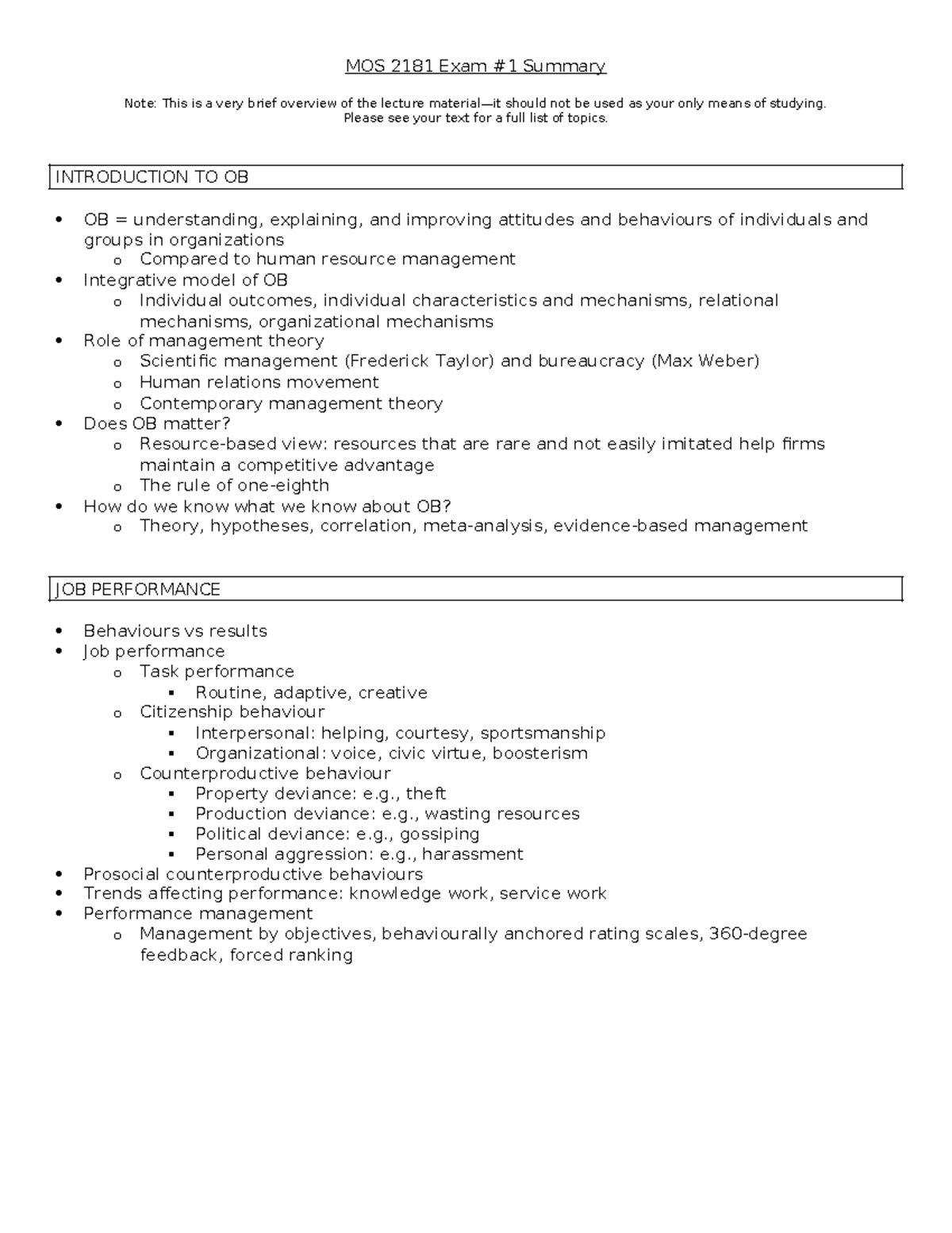 MOS 2181A Fall 2024 Exam #1 Summary - MOS 2181 Exam #1 Summary Note ...