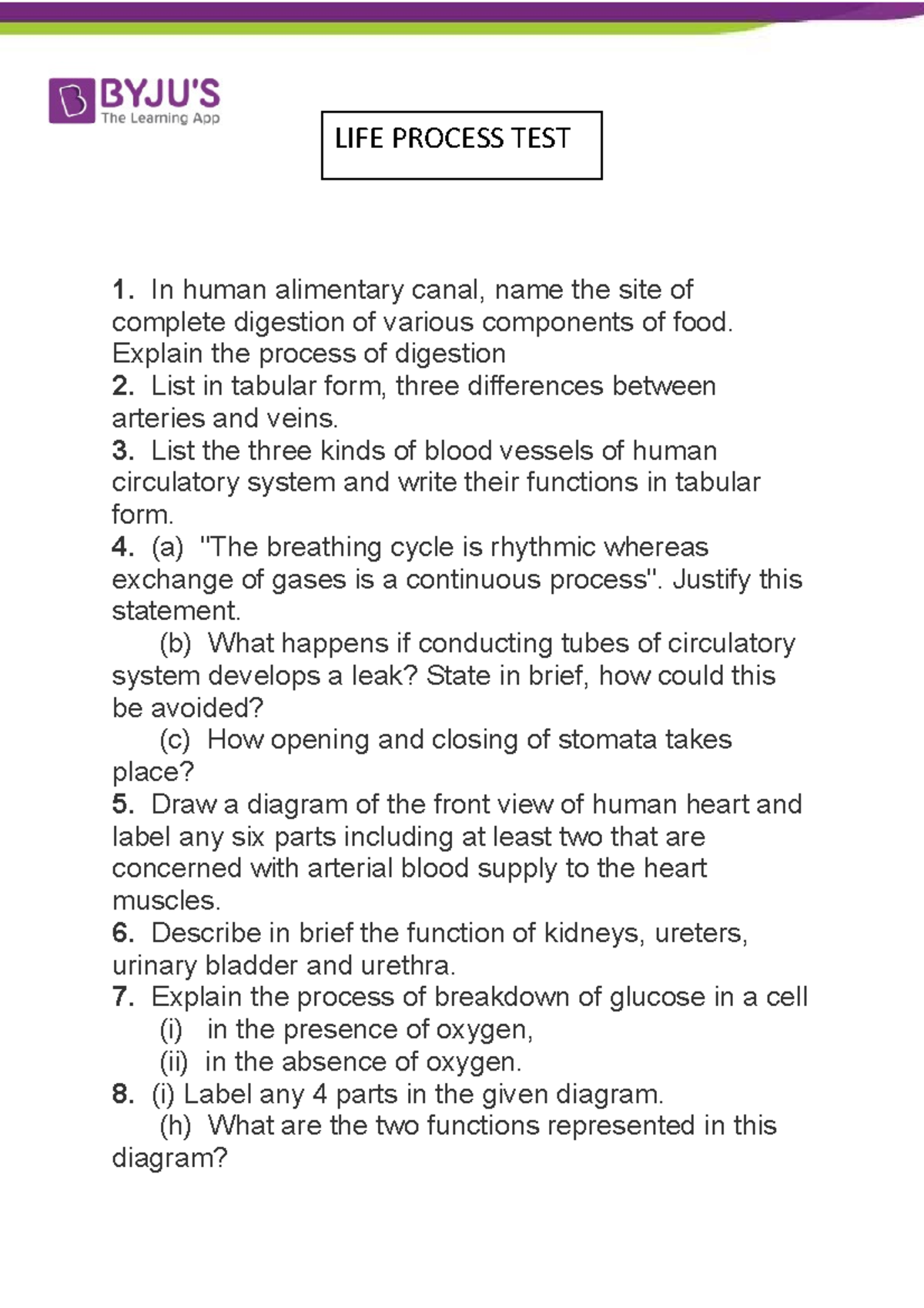 LIFE Process Questions - In human alimentary canal, name the site of ...