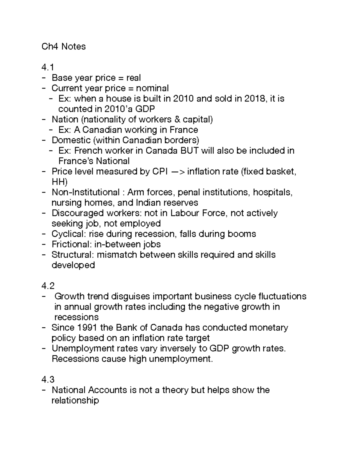 Ch4 Notes Econ 203 - Ch4 Notes 4 - Base year price = real - Current ...