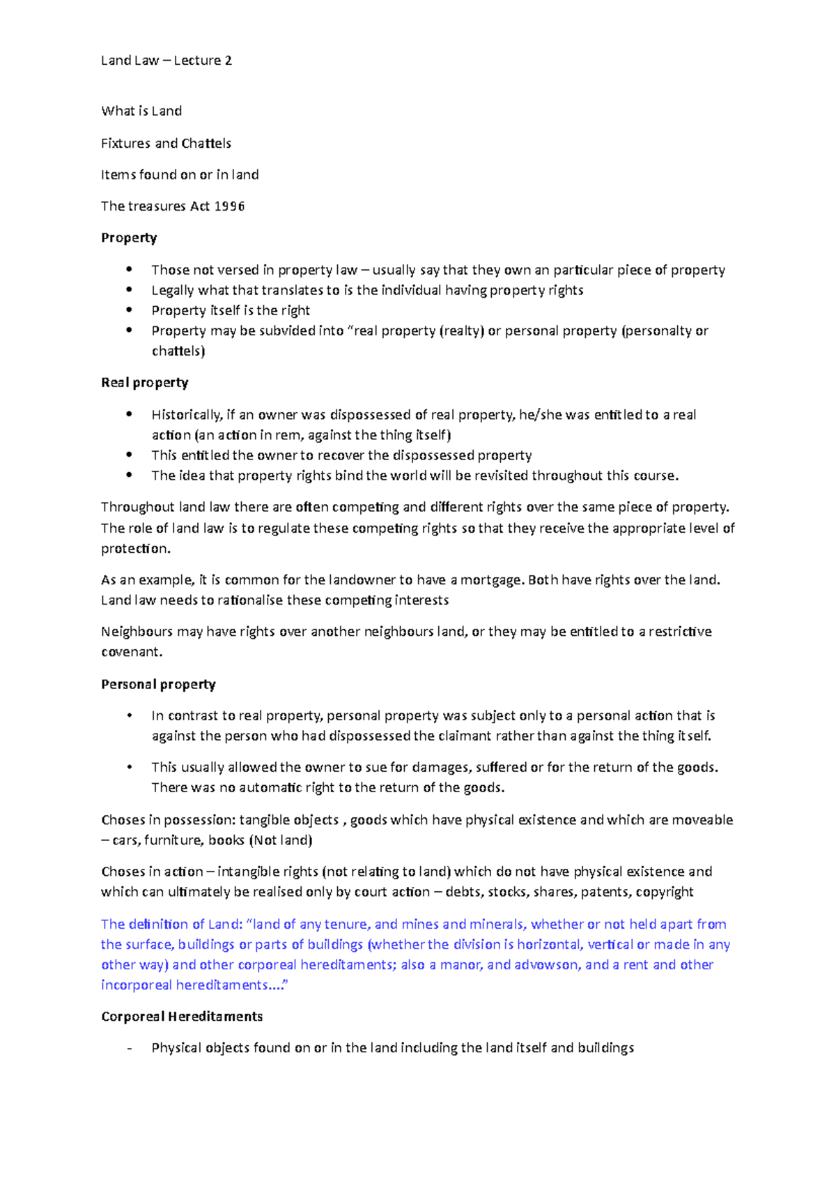 Lecture 2 Land, fixtures, fittings and finding What is Land